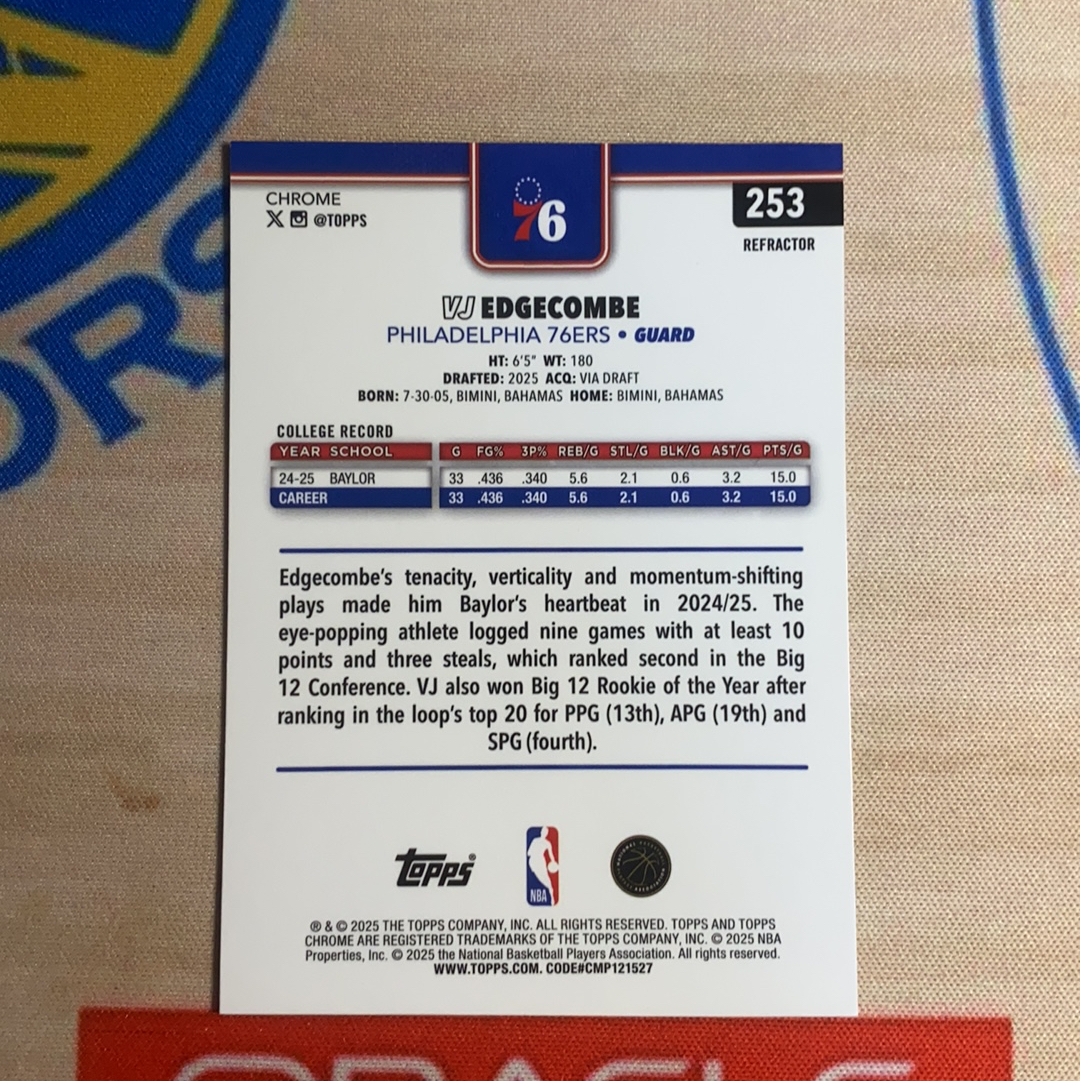 2025-26 Topps Chrome VJ Edgecombe 费城76人 VJ 埃奇库姆 正RC 新秀 银折 #2 卡品如图 凑套必备
