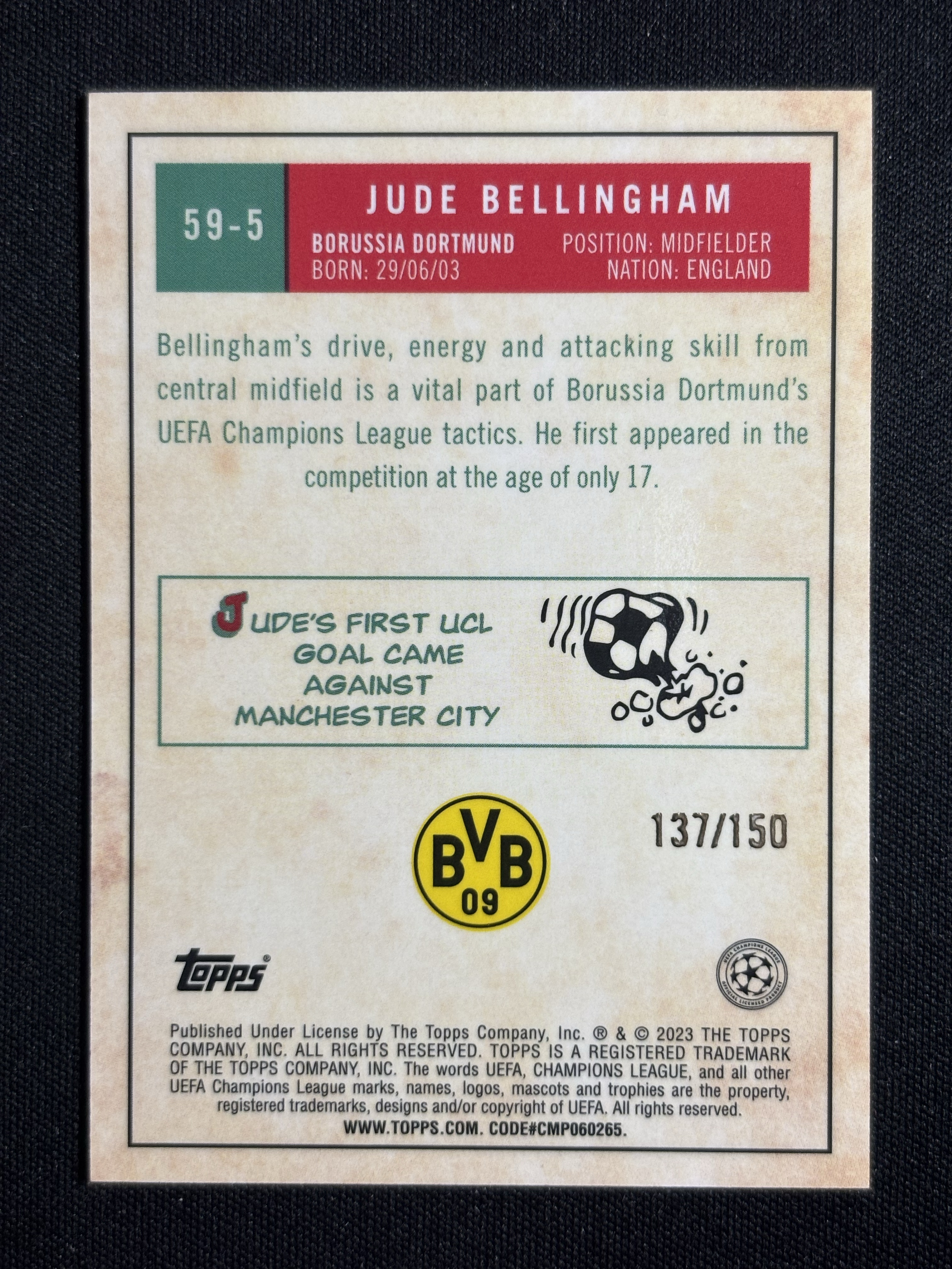 2022-23 Topps Chrome Jude Bellingham 「墨色拍卖」欧洲TC 多特蒙德 贝林厄姆 137/150 蓝折 特卡 卡品如图 BCML