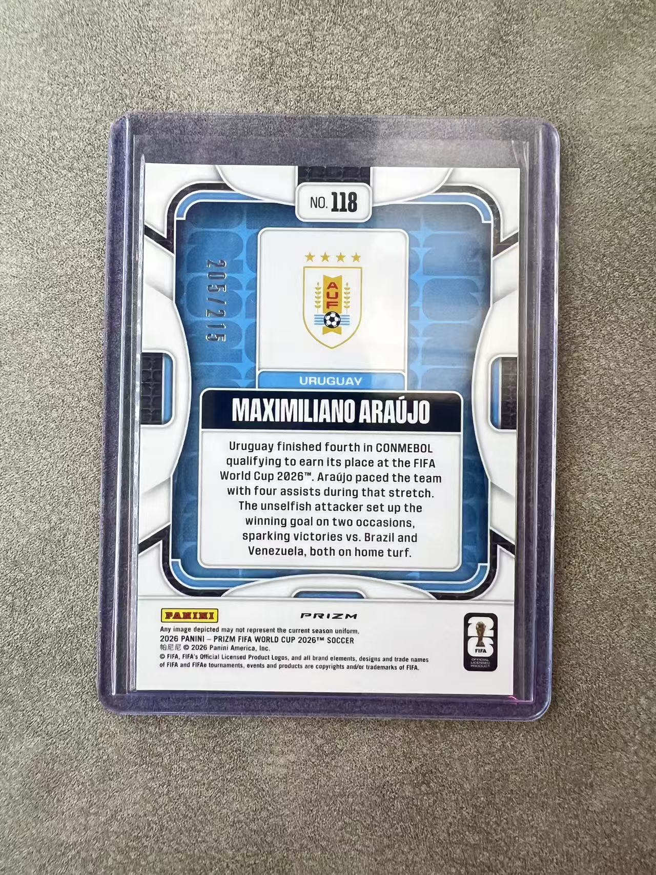7535【330球星卡实体店代卖】panini 2026 世界杯PZ prizm 乌拉圭 Maximiliano Araujo 马克西米利亚诺 阿劳霍 橙格子 205/215编(游龙)