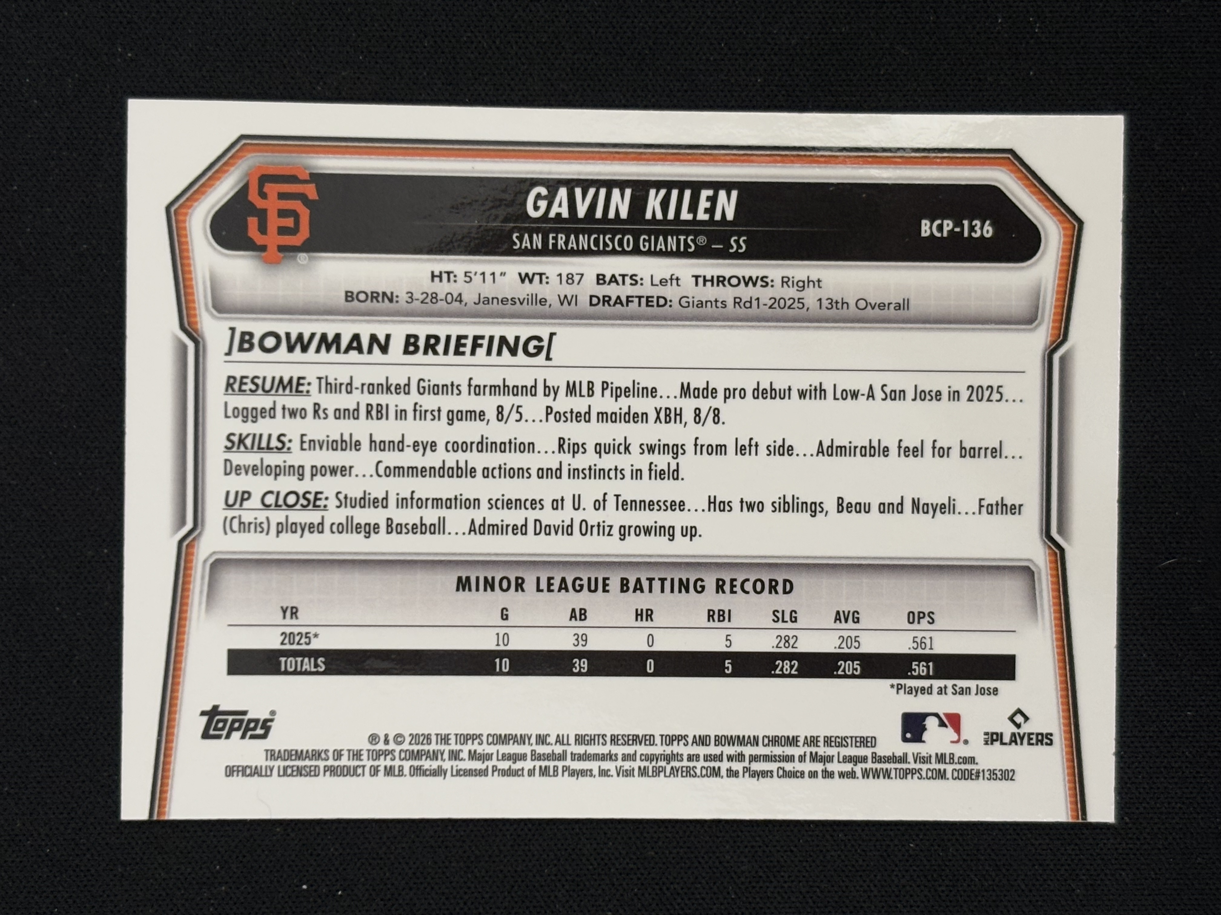 2026 Topps Bowman Gavin Kilen 棒球 MLB 旧金山巨人 加文 基伦 紫波纹折 029/199编 卡品如图 - feng