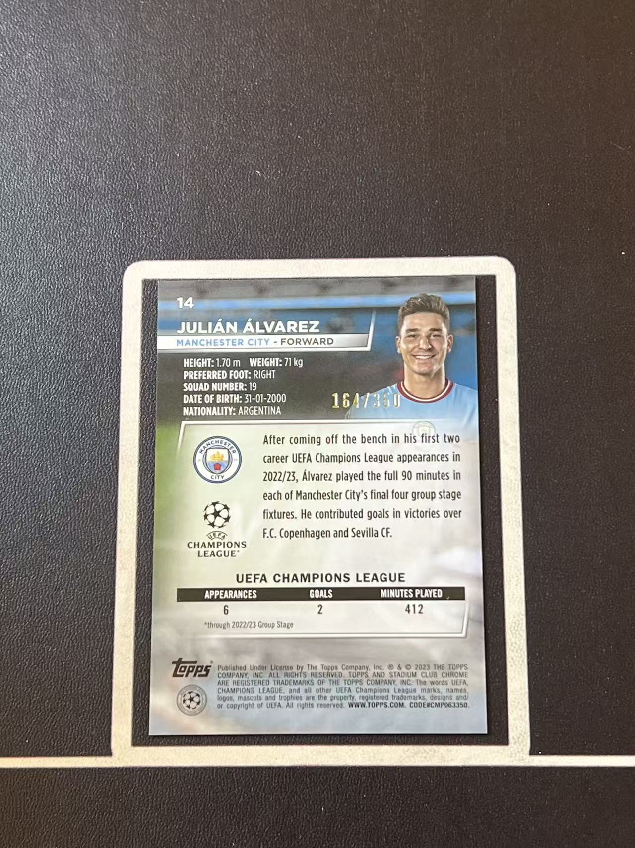 2023 topps stadium club 竞技场 Julian Alvarez 阿尔瓦雷斯 曼城 欧冠 RC新秀 350编 棱镜折 卡品如图 kid777