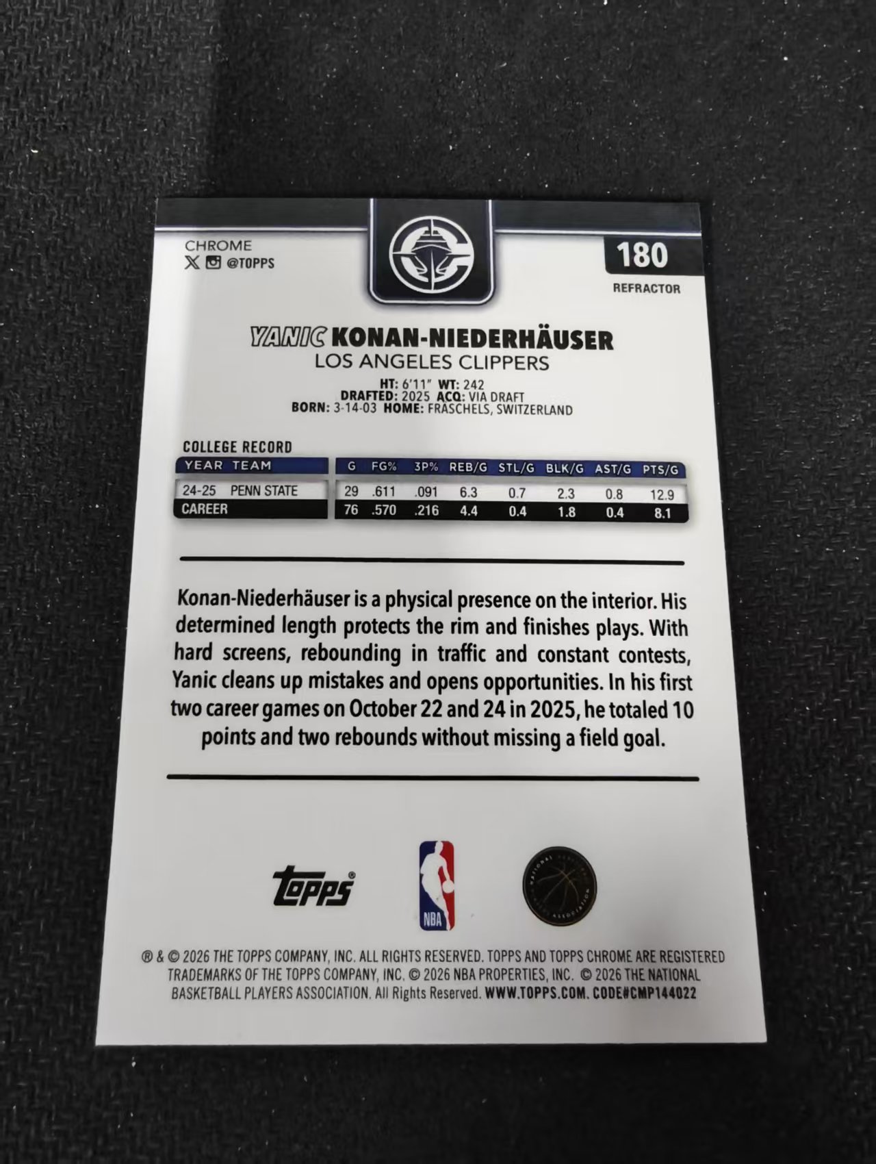 2026 Topps Chrome Updates TCU yanic konan niederhauser 快船 科南 尼德豪泽 新秀 RC 银折 瑕疵如图