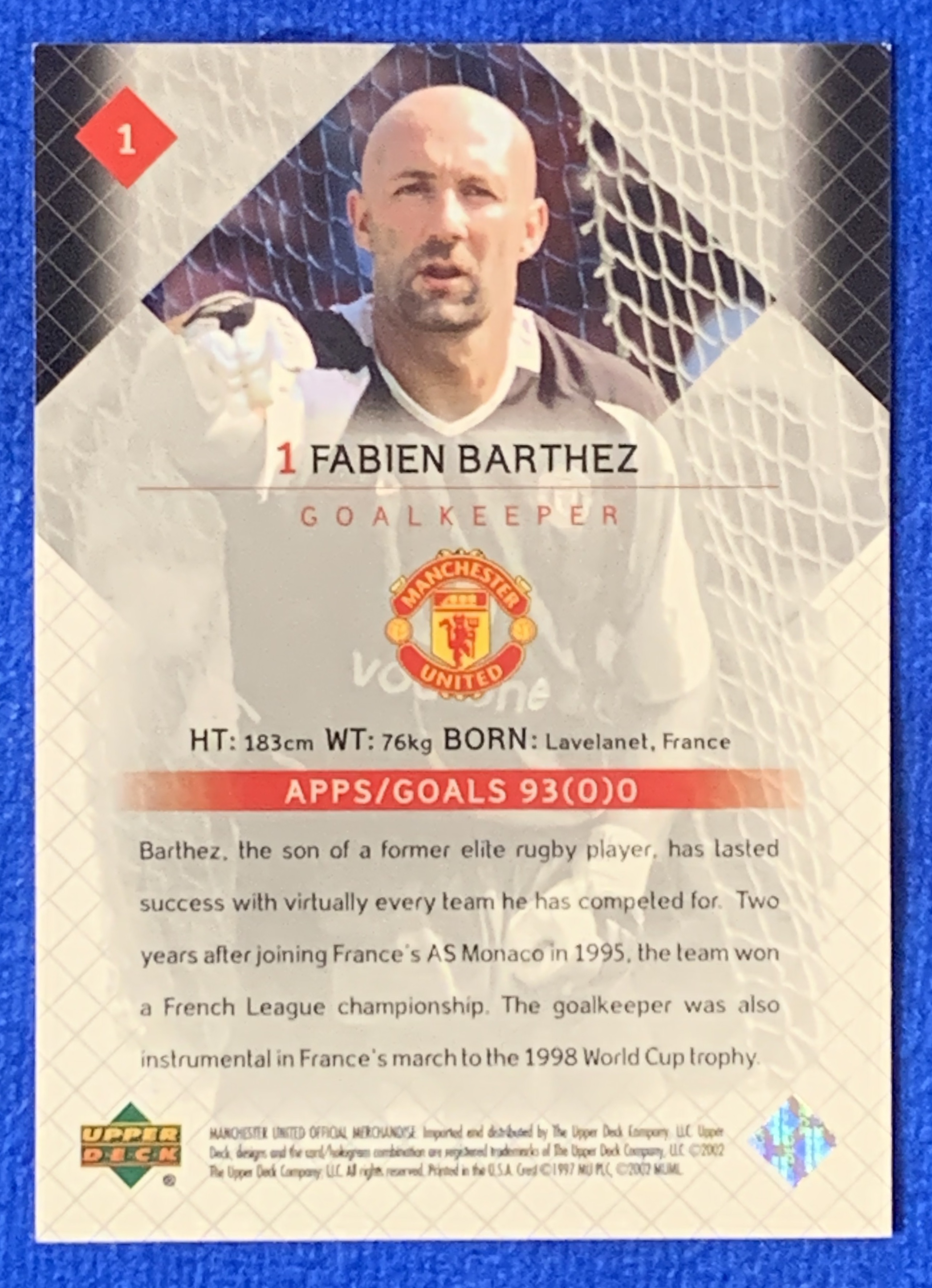 2002 Upper Deck Manchester United Barthez 亚德 曼联 巴特兹 世界杯欧洲杯冠军 法国国门France 经典老卡 近乎绝版 不保卡品 ebay有价