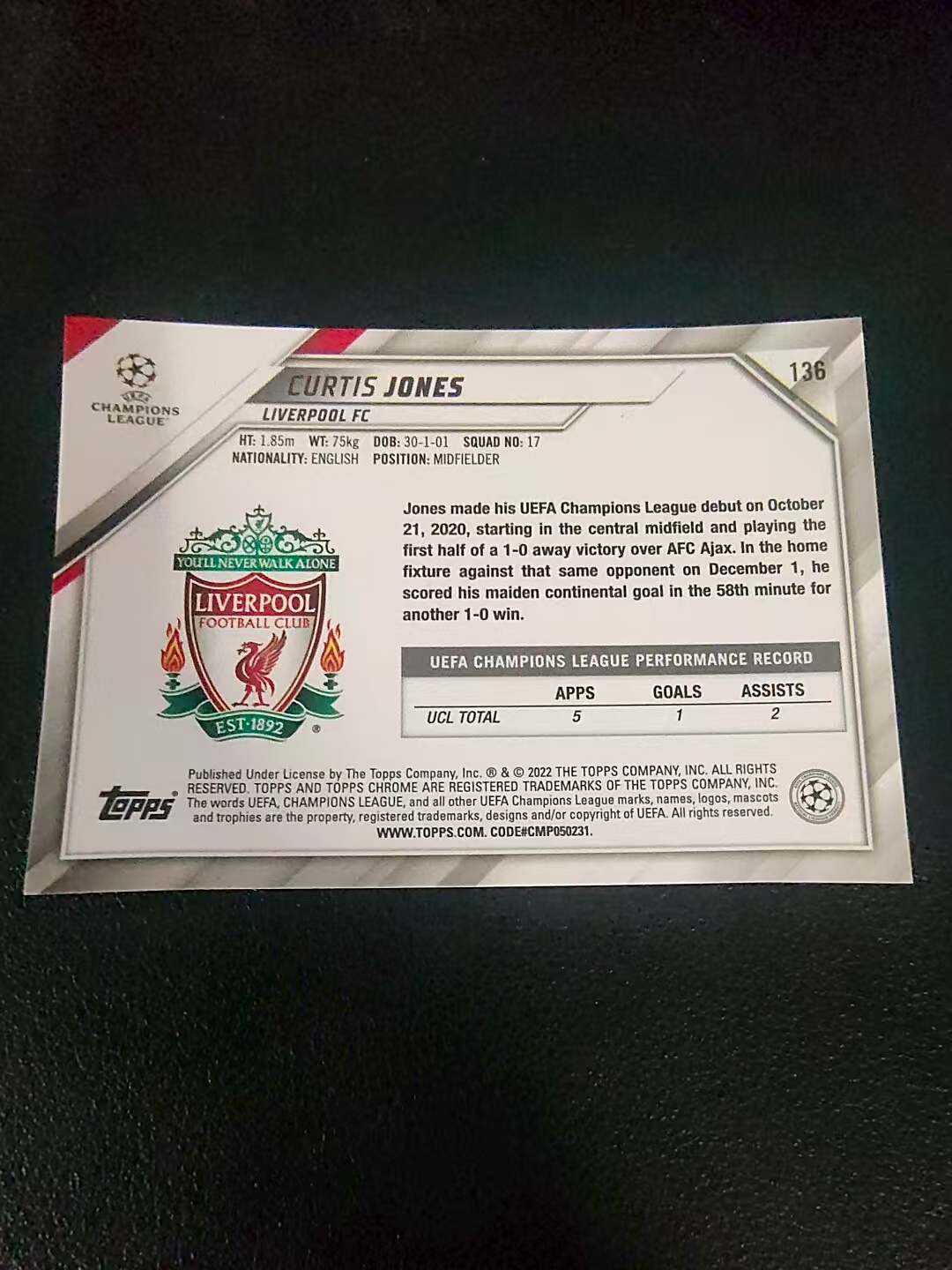 【可合并,不累计】2022 topps chrome TC Curtis Jones 柯蒂斯 琼斯 利物浦 欧冠 划痕 边角瑕疵 #136