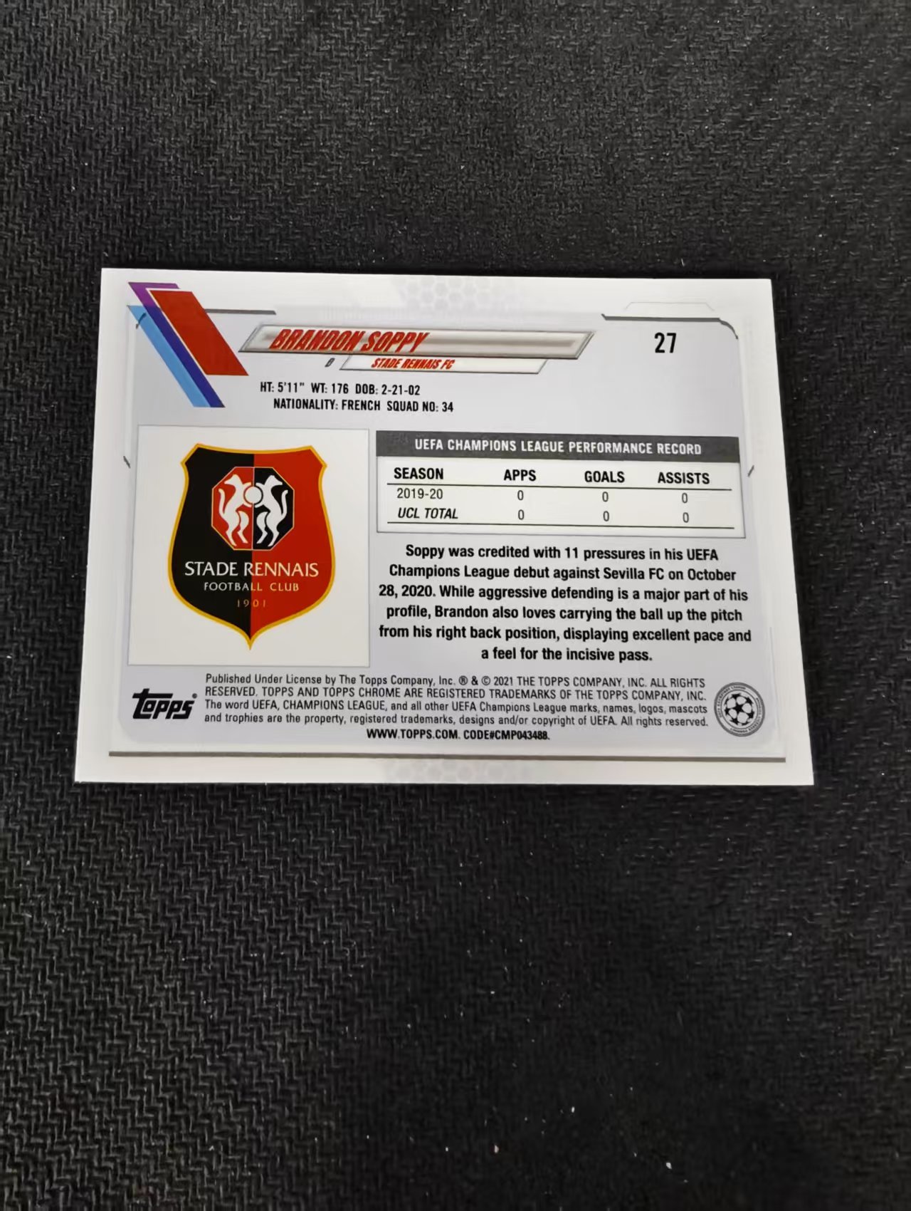 【可合并,不累计】2021 Topps Chrome Brandon Soppy 索比 雷恩 新秀RC 欧冠 碎花折 碎点折 划痕 边角瑕疵 #27