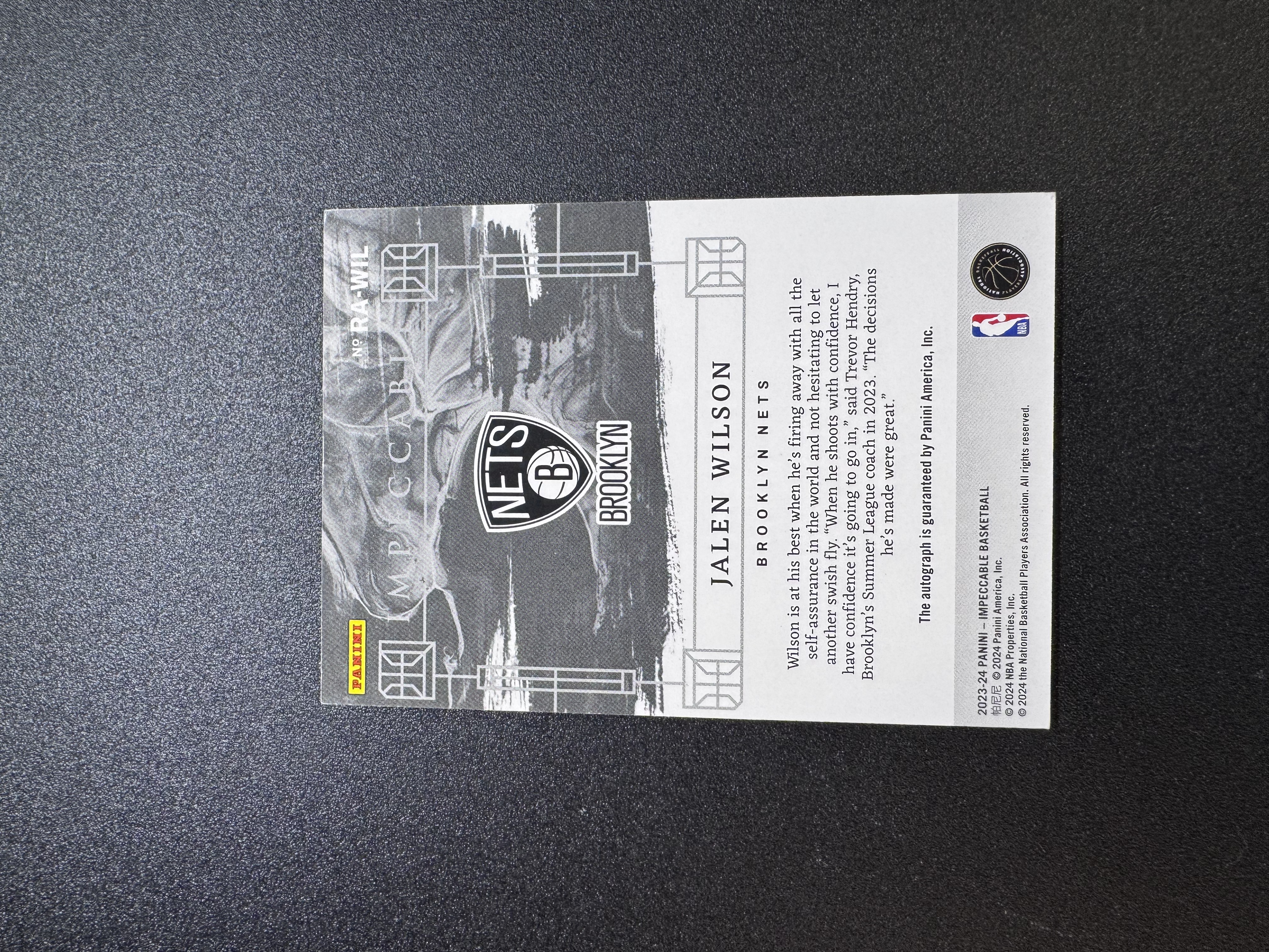 2023-24 Panini Impeccable Jalen Wilson RC 杰伦 威尔逊 篮网 新秀 小真金 RA 签字 卡签 16/25编 闪版