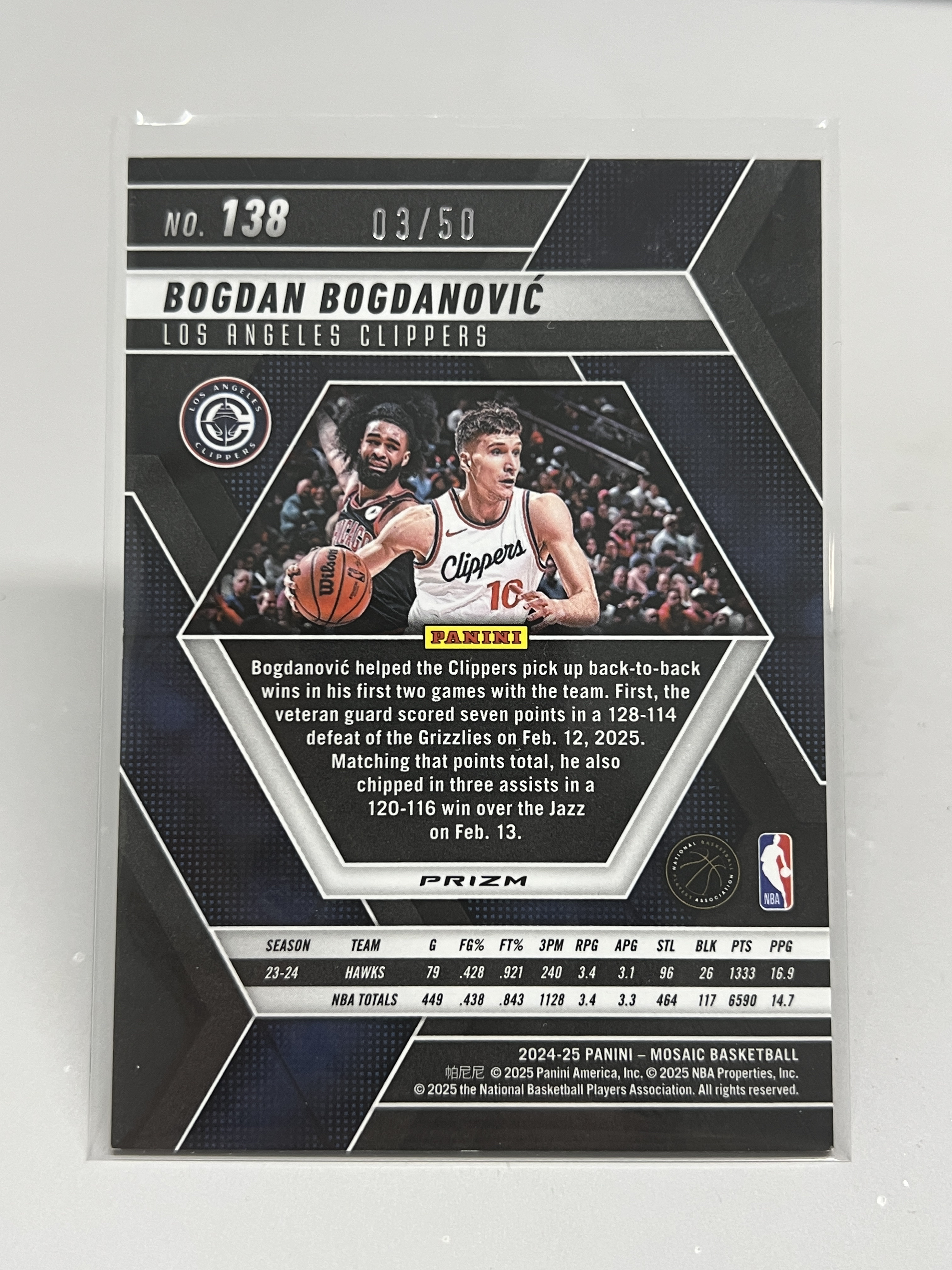2024-25 Panini Mosaic Bogdan Bogdanovic 【挂机拍卖】帕尼尼 马赛克 博格达诺维奇 快船 FIBA克莱 03/50 低编 紫泡泡折 折射 #138 评级 卡品如图