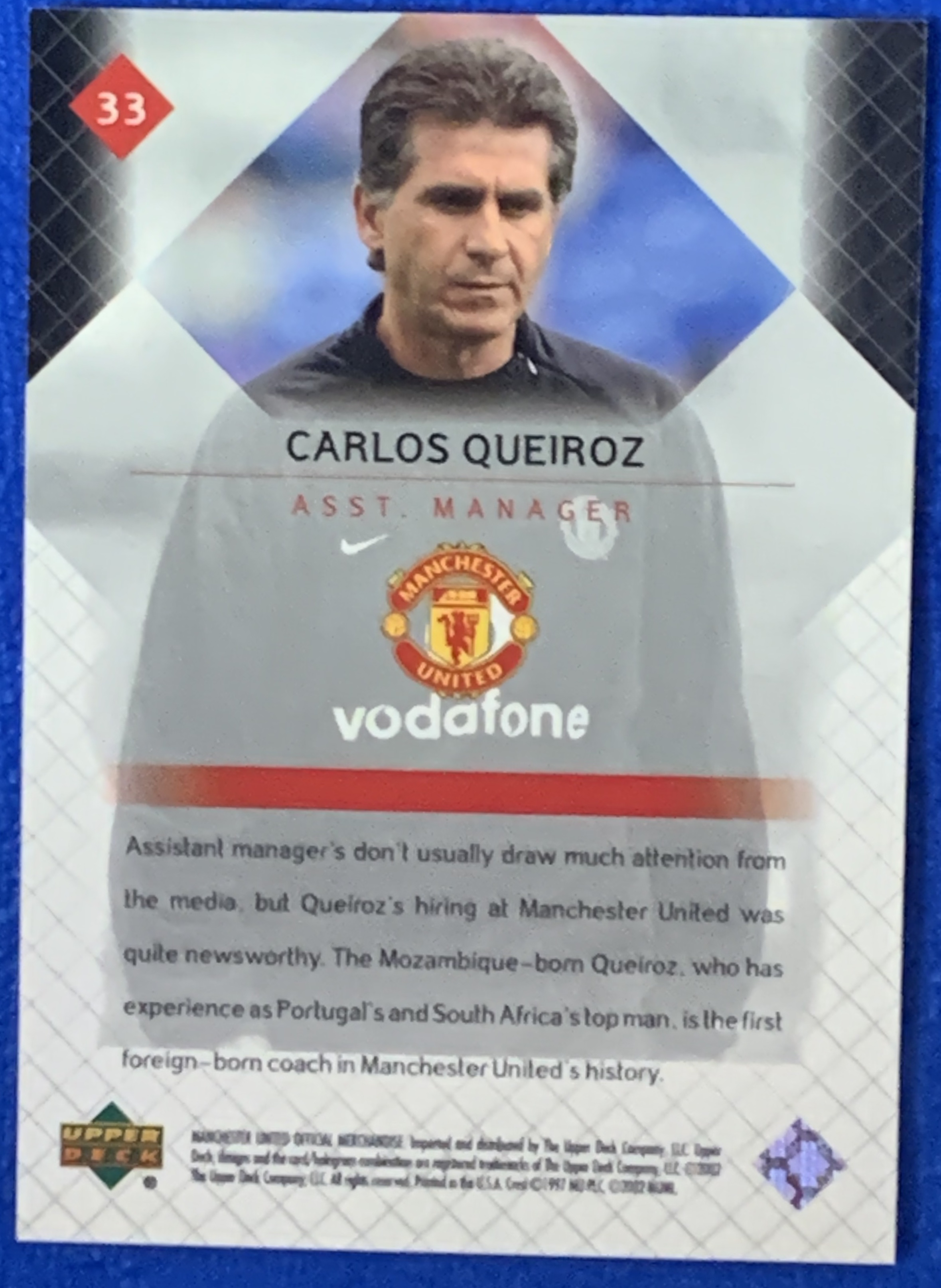 2002 Upper Deck Manchester United Queiroz 亚德 曼联 助教 奎罗兹 葡萄牙Portugal 皇家马德里Real Madrid 经典老卡 不保卡品 ebay有价