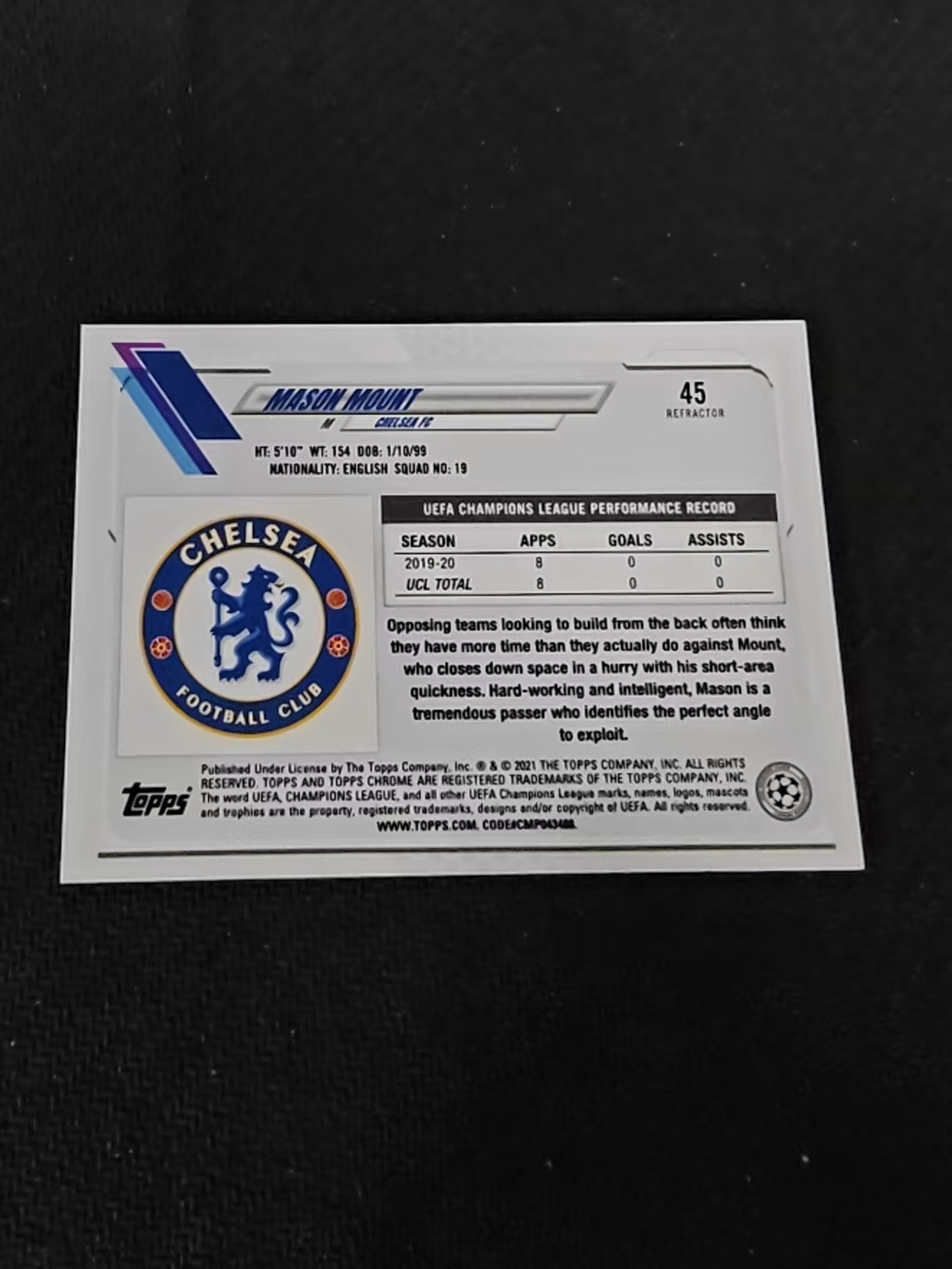 【可合并,不累计】2021 Topps Chrome Mason mount 梅森 芒特 切尔西 欧冠 银折 划痕 边角瑕疵 #45