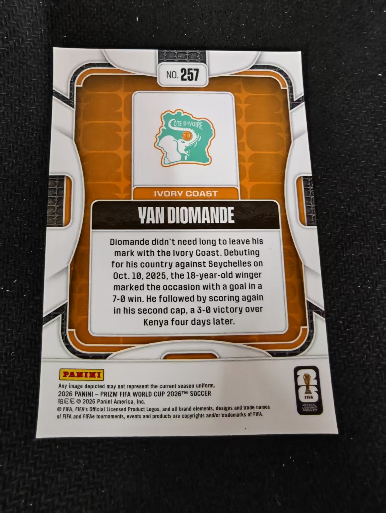 2026 Panini World Cup Prizm Yan Diomande RC 新秀 世界杯 科特迪瓦 扬 迪奥曼德 PZ世界杯 划痕 边角瑕疵#257