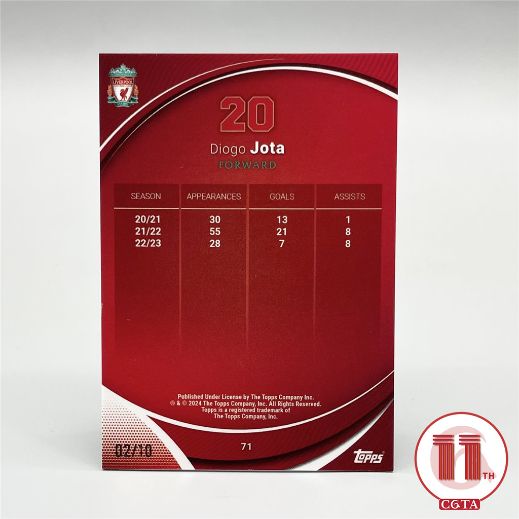 【CGTA /10】2023-24 Topps Chrome Liverpool LFC 利物浦 迪奥戈若塔 02/10编 现役英雄 黑折base #71 印刷线如图 葡萄牙 狼队 Diogo Jota 越秀山2658090 #Atm#