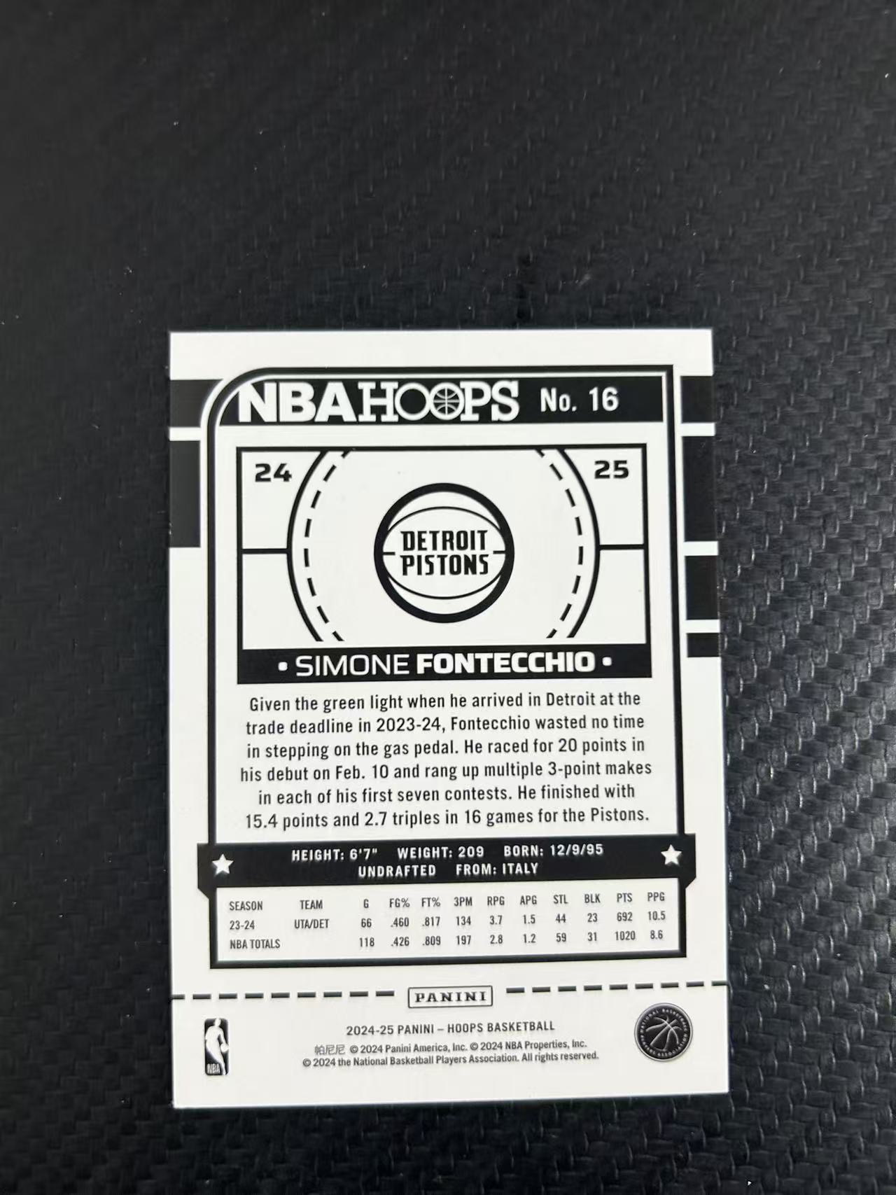 2024-25 Panini Hoops Simone Fontecchio #16【灯灯拍卡】 活塞 西莫内丰泰基奥 折射 蓝折 蓝shimmer折 198/199编 收藏必备【雪茄】