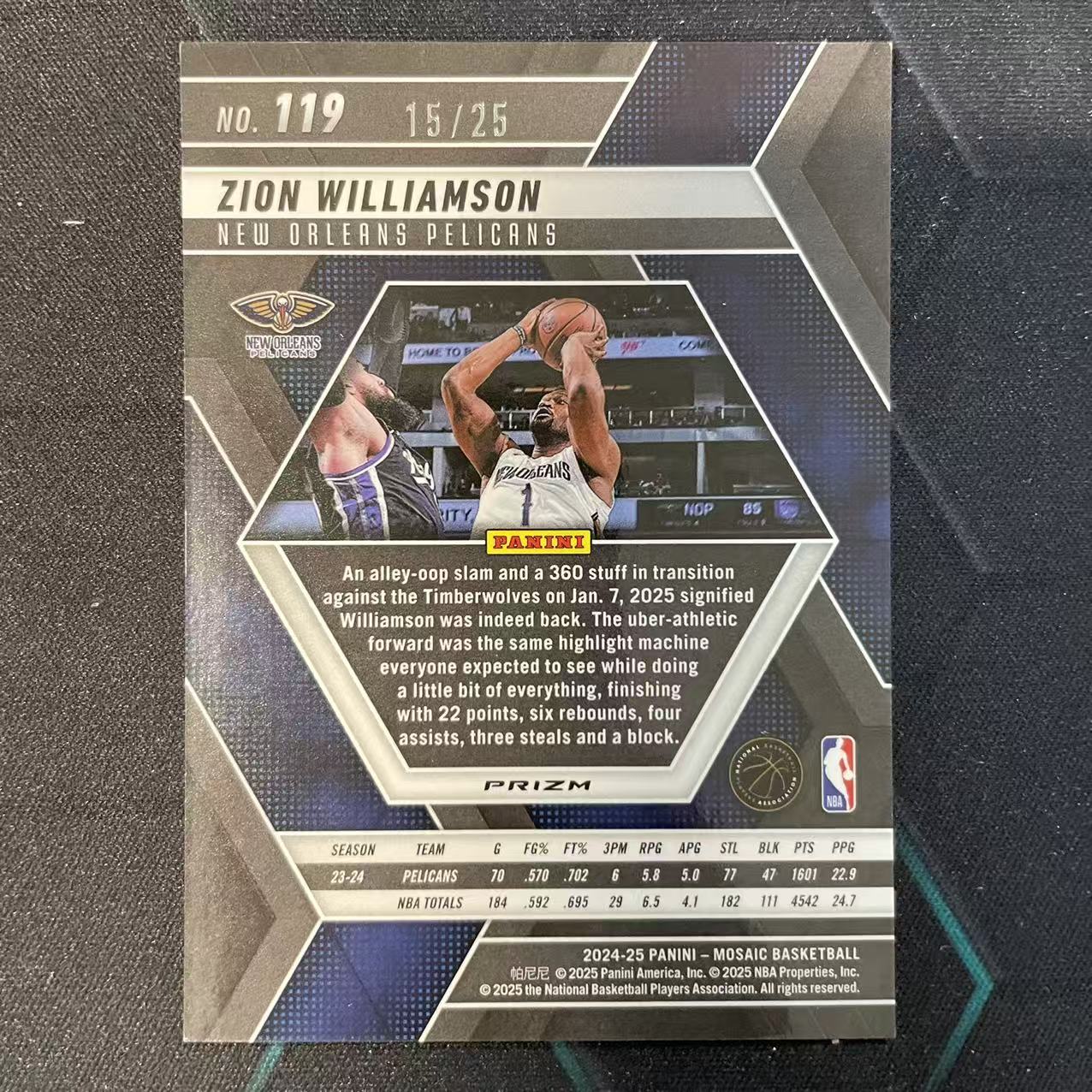 2024-25 Panini Mosaic Zion Williamson 【阿福代卖】锡安 威廉姆斯 胖虎 鹈鹕 马赛克折 25编 收藏必备(行行行A)