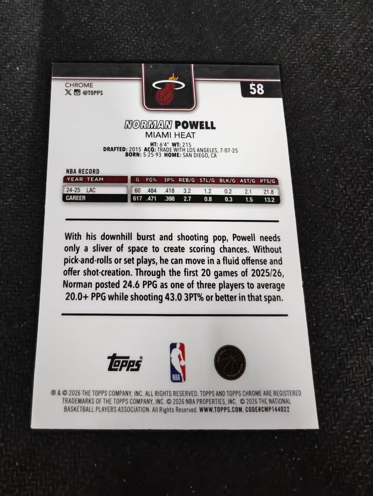 2026 Topps Chrome Update Norman Powell 热火 诺曼 鲍威尔 TCU 划痕 边角瑕疵 #58