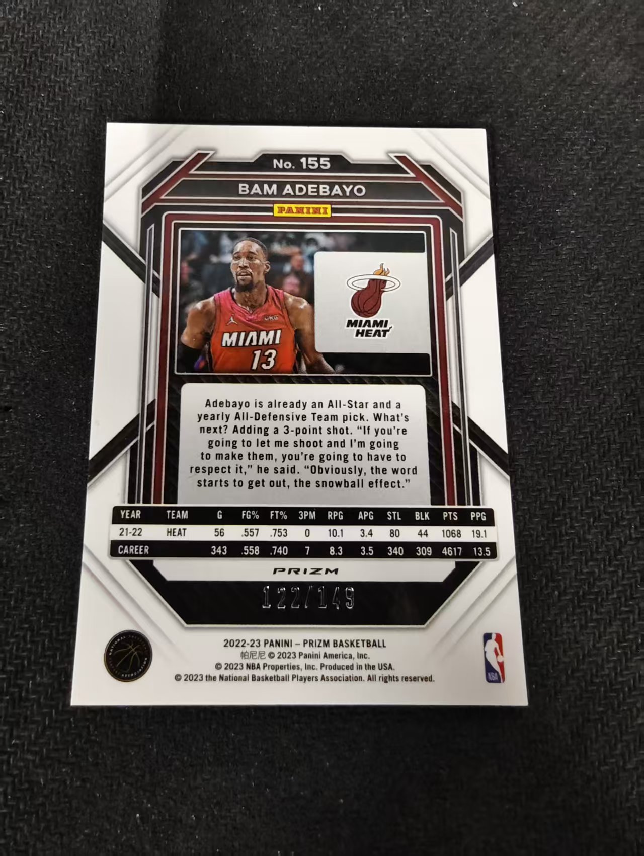 2022-23 Panini Prizm Bam Adebayo 巴姆 阿德巴约 热火 碎冰折 149编 划痕 边角瑕疵