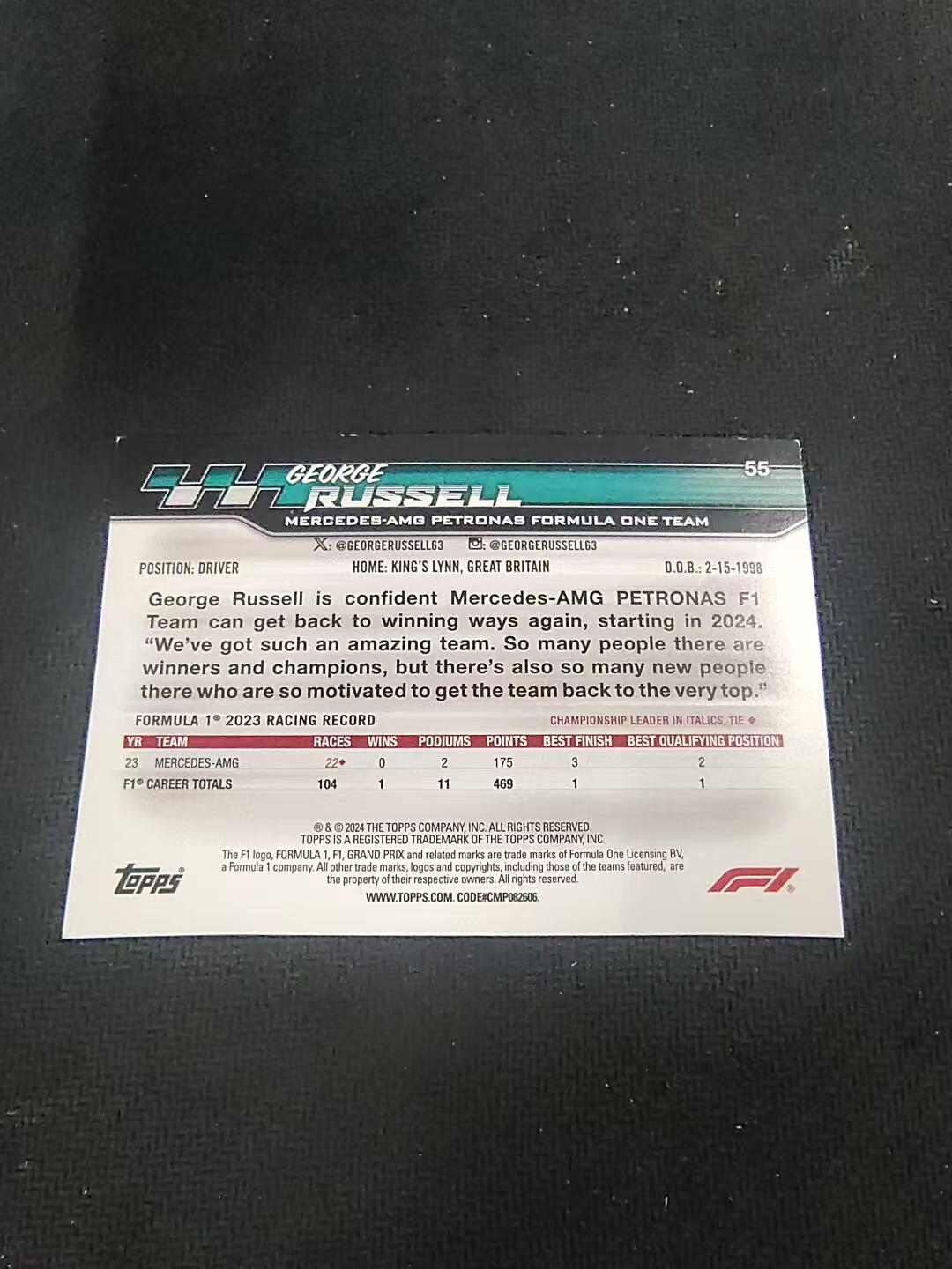 【汽水拍卖】2024 Topps Paddock Pass F1 George Russell 拉塞尔 梅奔 奔驰 围场通行证 划痕 边角瑕疵 @55