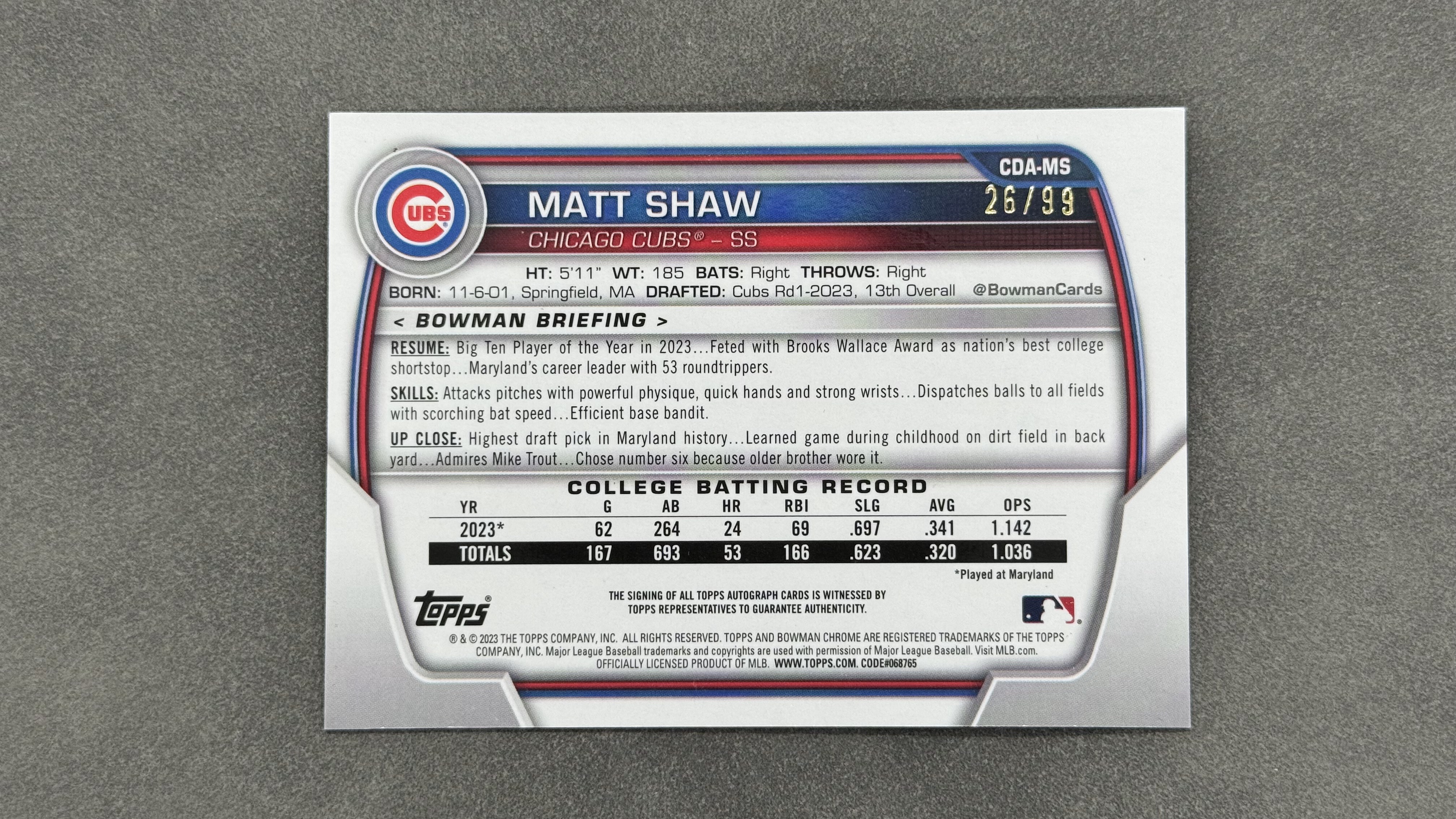 2023 Topps Bowman Matt Shaw 1st 芝加哥小熊队 马特 肖 农场潜力新秀大物 已登板大联盟 签字 卡签 墨迹完美 绿熔岩折 限量/99编 实卡好看 未来可期 卡品如图