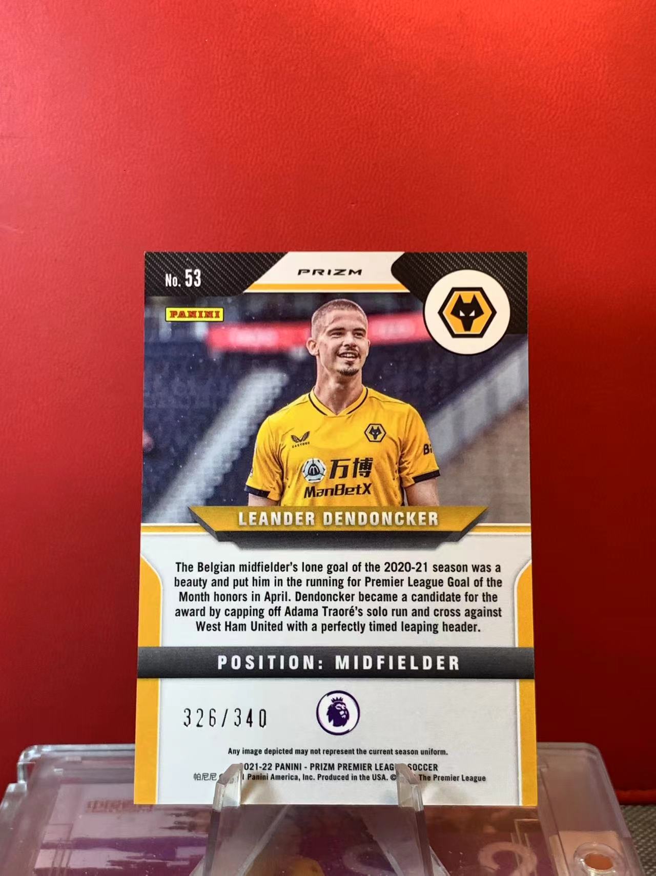 (詹叔代拍)2021-22 Panini Prizm 英超PZ Leander Dendoncker 莱安德 登东克尔 狼队 比利时 326/340编 蓝折 顺丰寄付 泰山