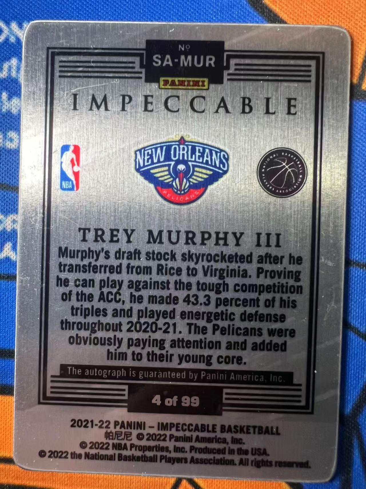 2021-22 Panini Impeccable Trey Murphy III RC 【特雷 墨菲三世 专卖】墨菲三世 小真金系列 卡签签字 铁板 4/99编 专收凑套 鹈鹕主将 未来可期