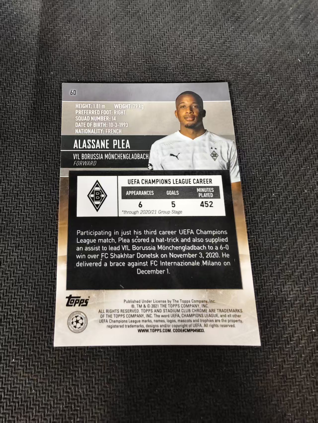 【可合并,不累计】2021 Topps Stadium Club Chrome Alassane Plea 门兴 普利 竞技场 欧冠 划痕 边角瑕疵 #60