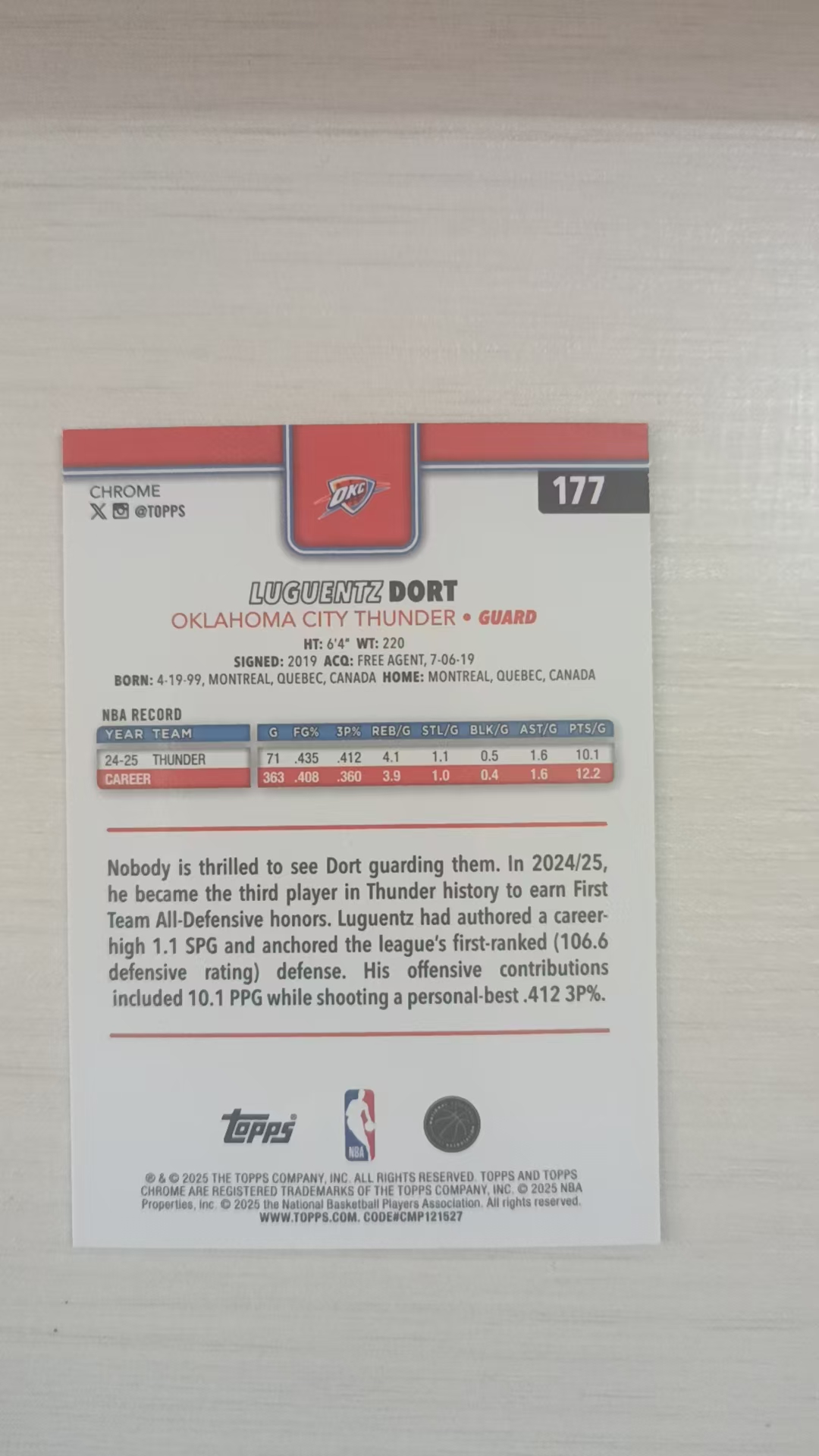 2025 Topps Chrome Luguentz Dort #177 雷霆 吕冈茨 多尔特 折射 三色折