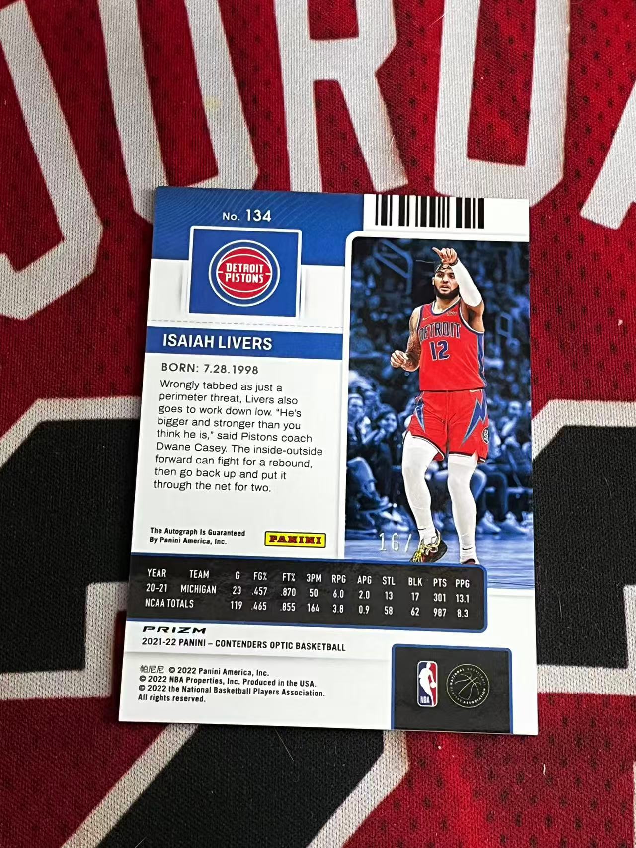 【0手续费接寄拍】2021-22 PANINI CONTENDERS OPTIC 球票系列 活塞 新秀RC 以赛亚利弗斯 49编 签字卡 卡签 正新秀球票签字卡 蓝折 折射【烂臭嘴拍卖】