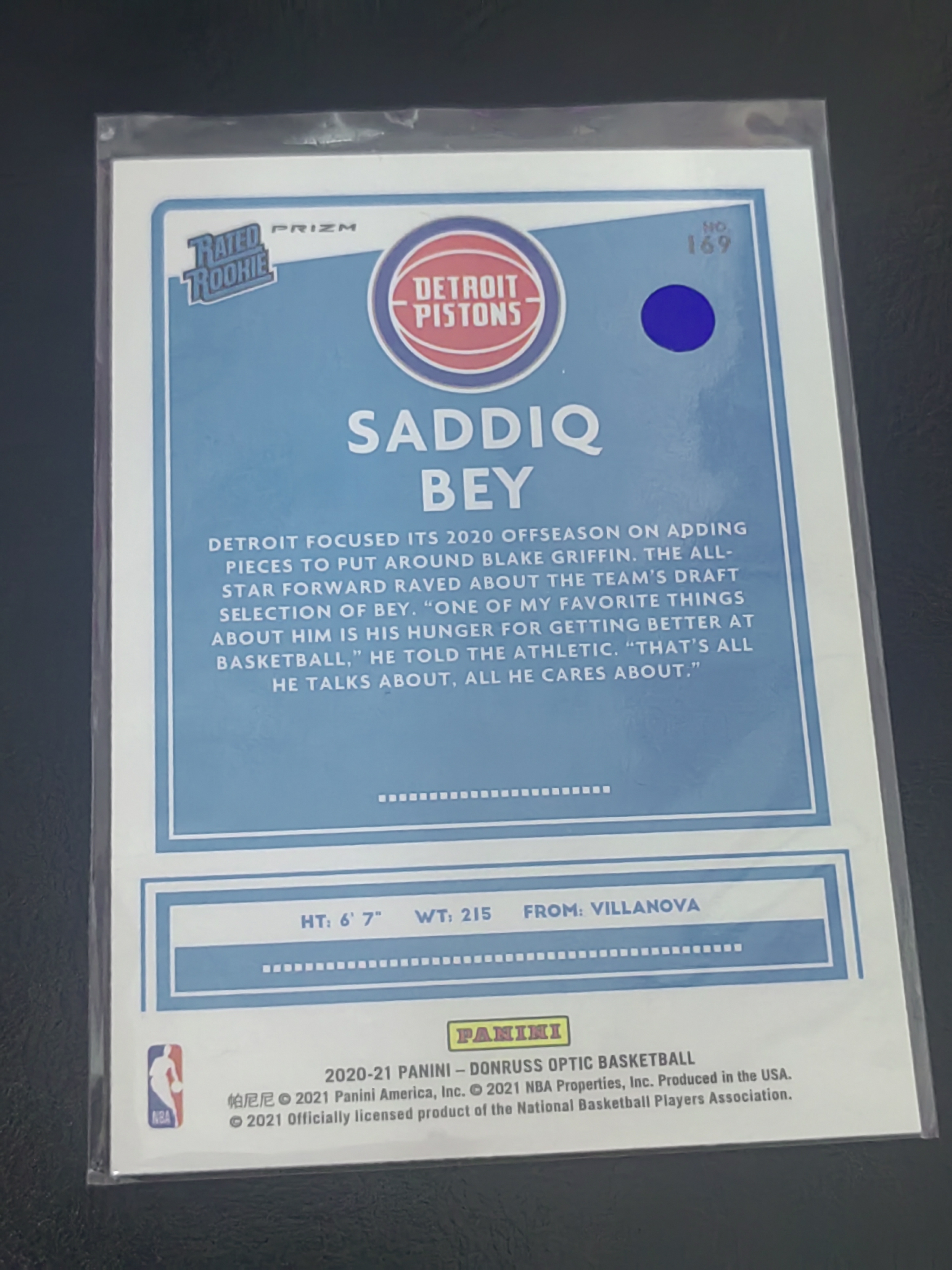 2020-21 Panini OPTIC Saddiq Bey RC OP 萨迪克·贝 银折 新秀 特卡 活塞 老鹰 奇才 篮 白边白角 不保卡品 卡品如图