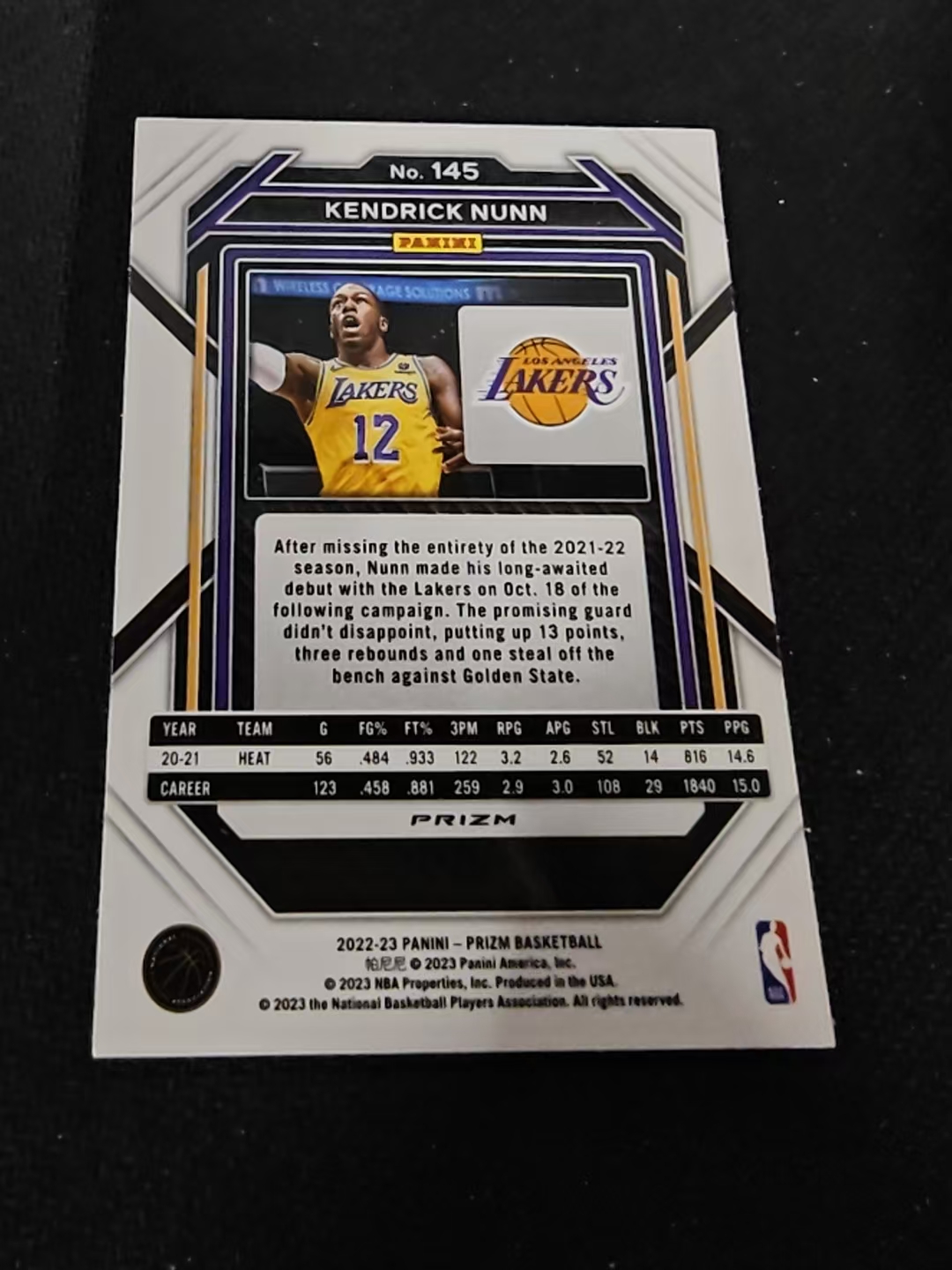 2022-23 Panini Prizm Kendrick Nunn 肯德里克 纳恩 湖人 红波纹 PZ 划痕 边角瑕疵 #145