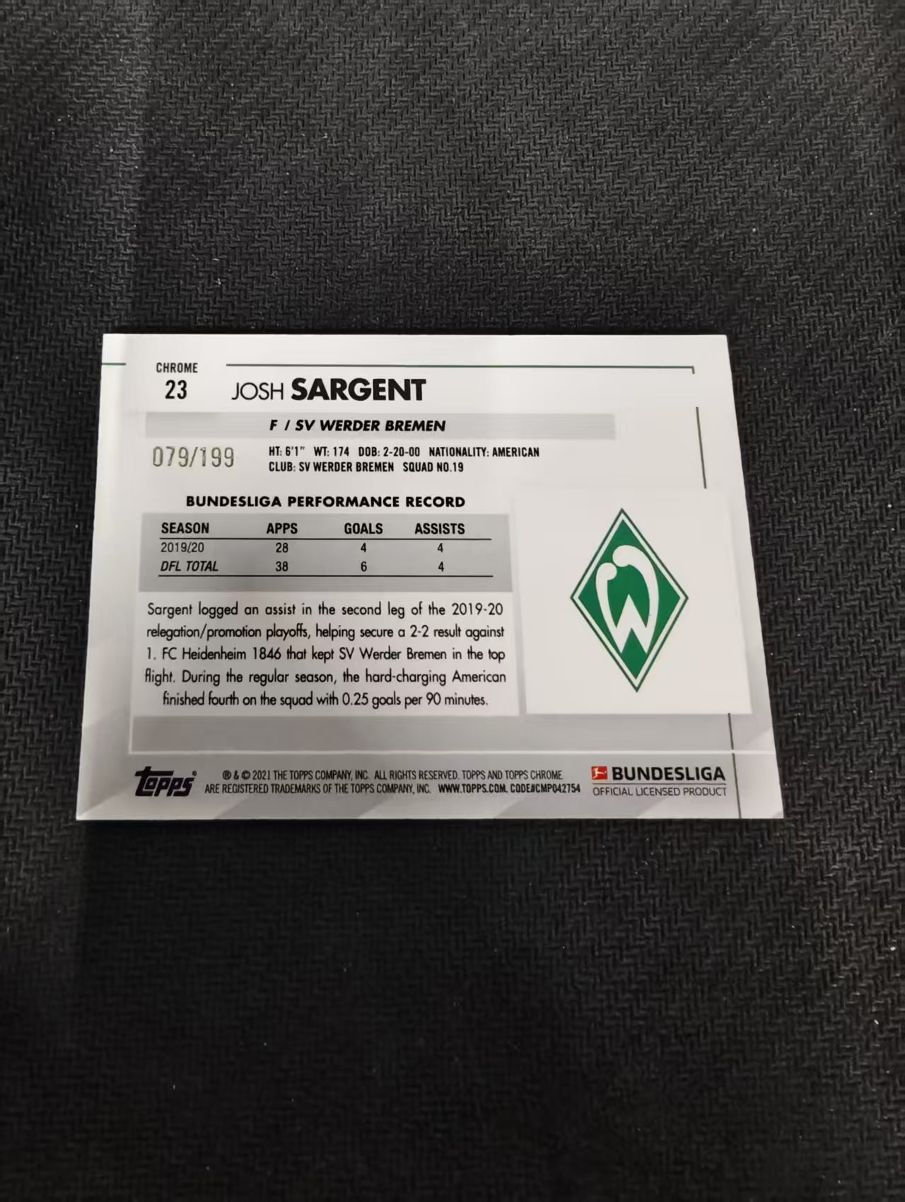 【可合并,不累计】2021 Topps Chrome SARGENT 德甲 萨金特 云达不来梅 折射 199编 瑕疵如图