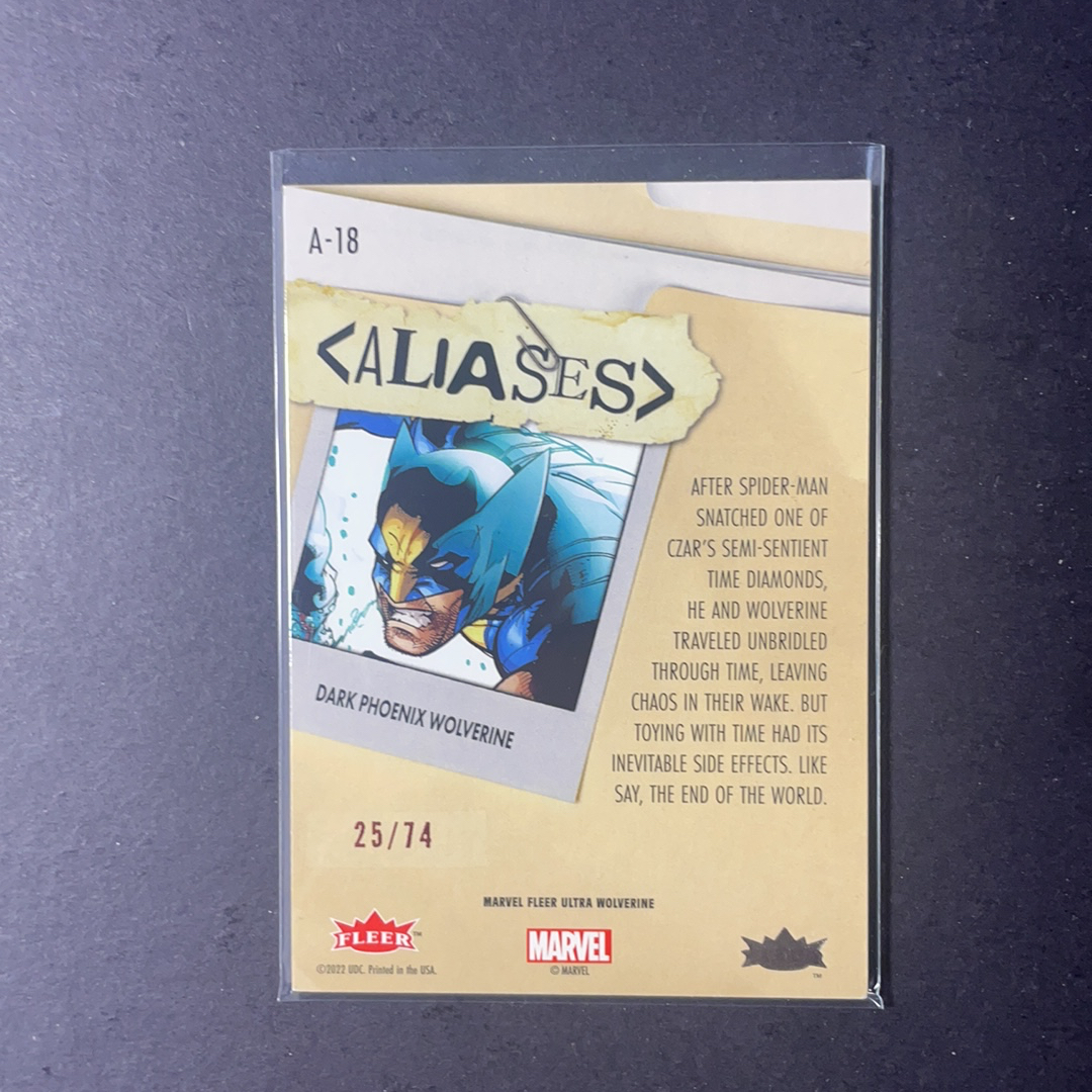 2024 Fleer Marvel (MCU) Ultra金刚狼 金刚狼 黑暗凤凰之力金刚狼 金刚狼化名绰号特卡红平行74编 序号A-18 2024 漫威Fleer Ultra金刚狼系列 粉条代拍