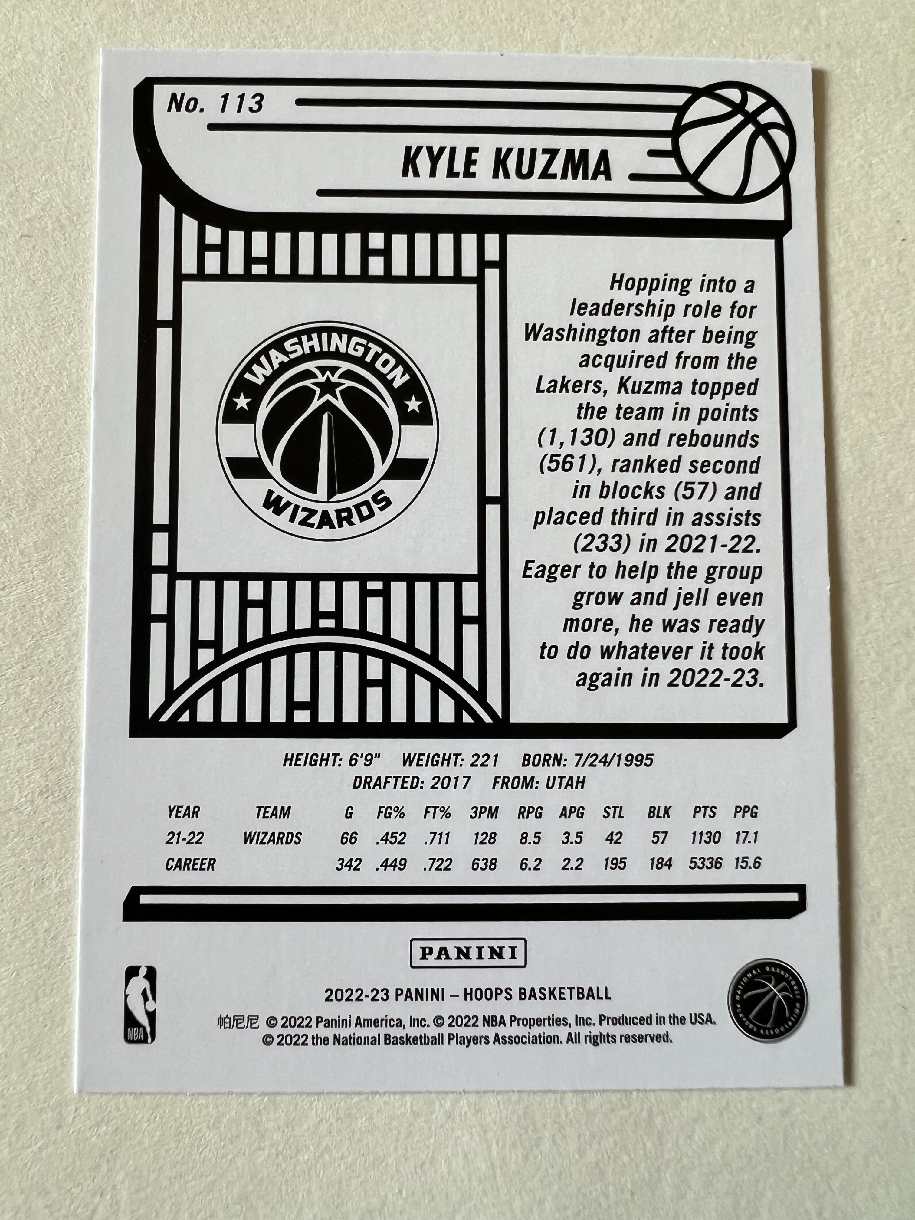 2022-23 Panini NBA Hoops Kyle Kuzma 凯尔 库兹马 奇才队 热门球星 收藏必备 凑套必备 实卡精美 投资佳品 #113