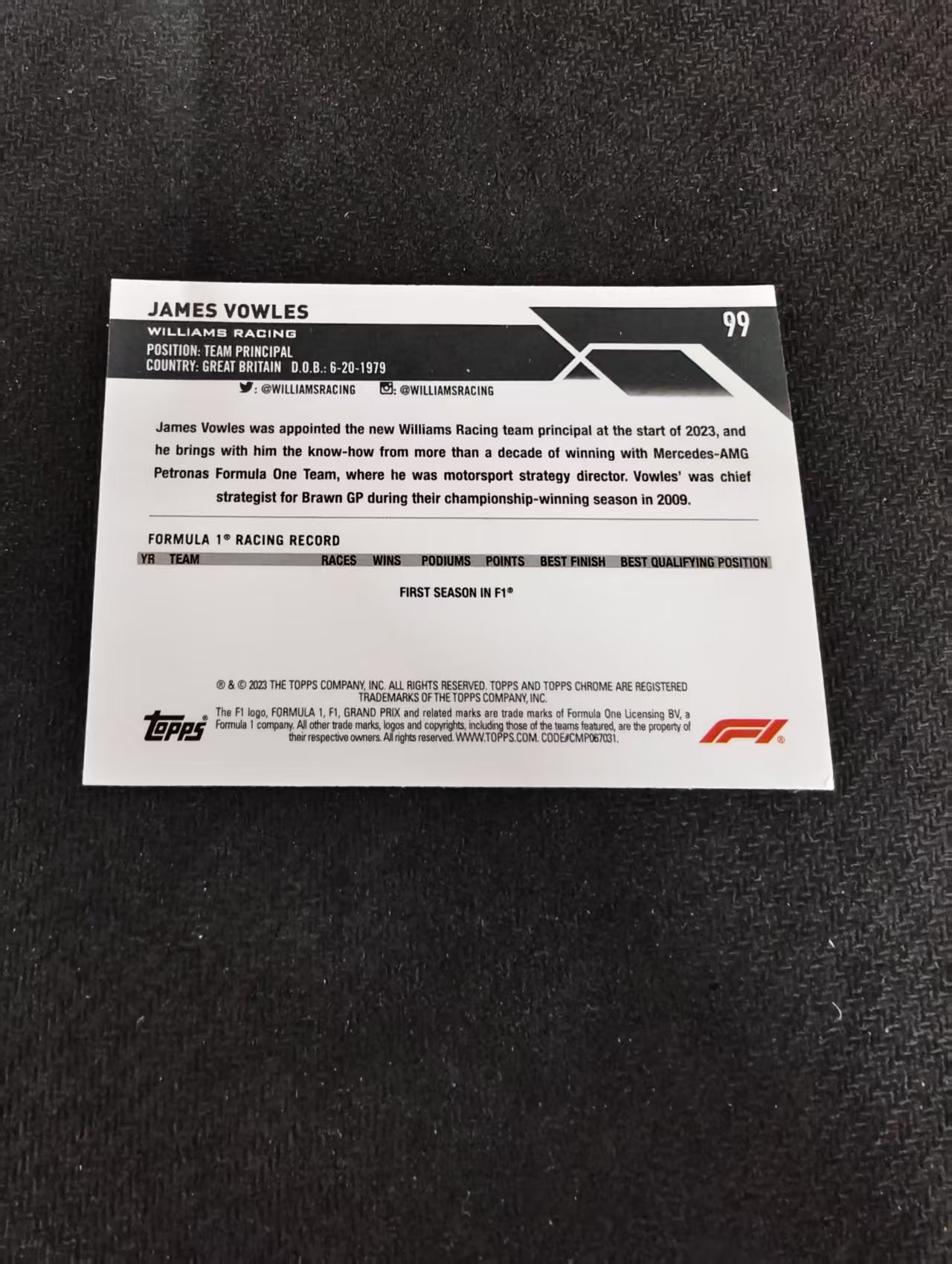 2023 Topps Chrome James Vowles 詹姆斯 沃尔斯 F1 划痕 边角瑕疵 #99