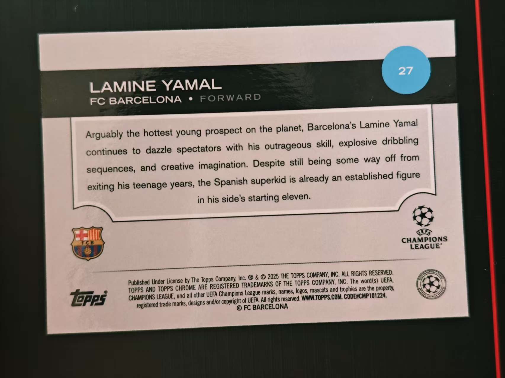 2024-25 Topps Chrome Lamine Yamal 欧冠TC 巴萨 巴塞罗那 西班牙 拉明 亚马尔 161/199编 青棱镜折 折射 微瑕 卡品如图【原地起飞卡社】jia11.21
