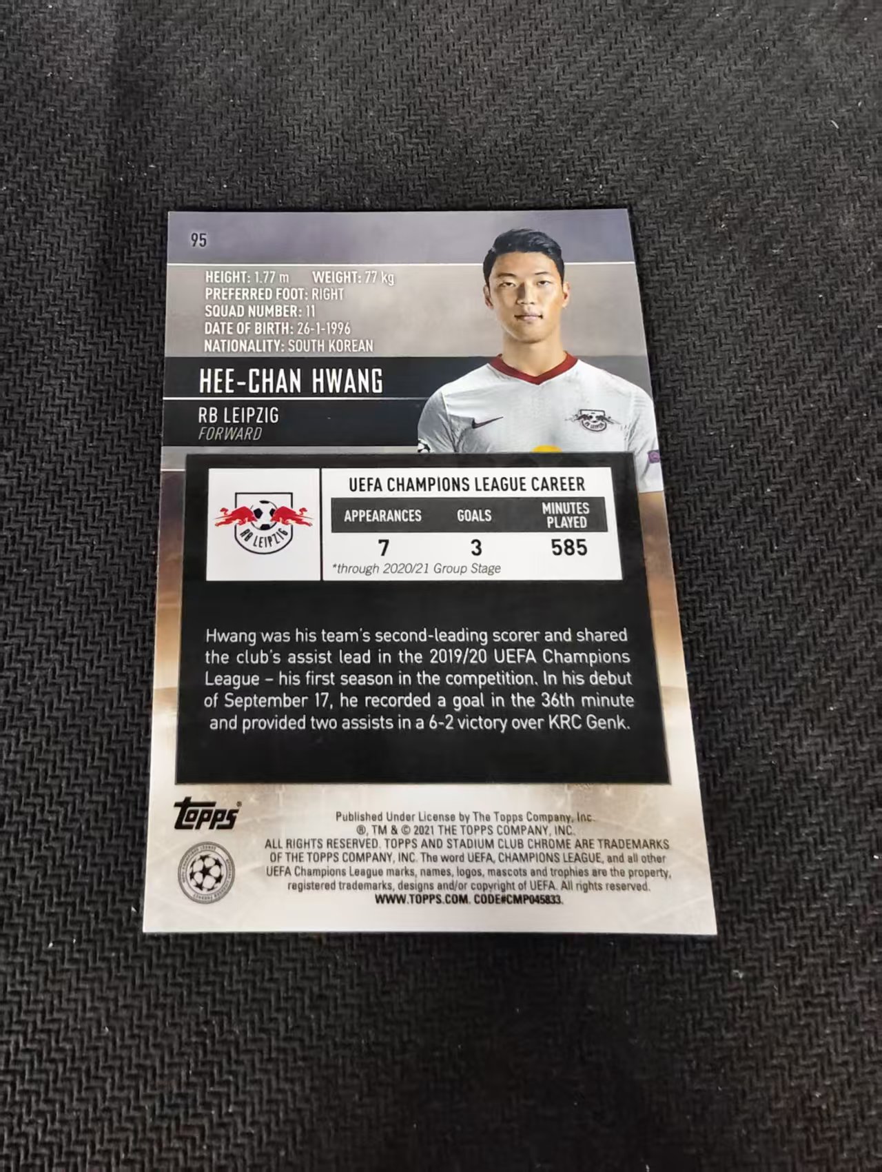 【可合并,不累计】2021 Topps Stadium Club Chrome Hwang Hee Chan 黄喜灿 黄熙灿 竞技场 欧冠 划痕 边角瑕疵 #95