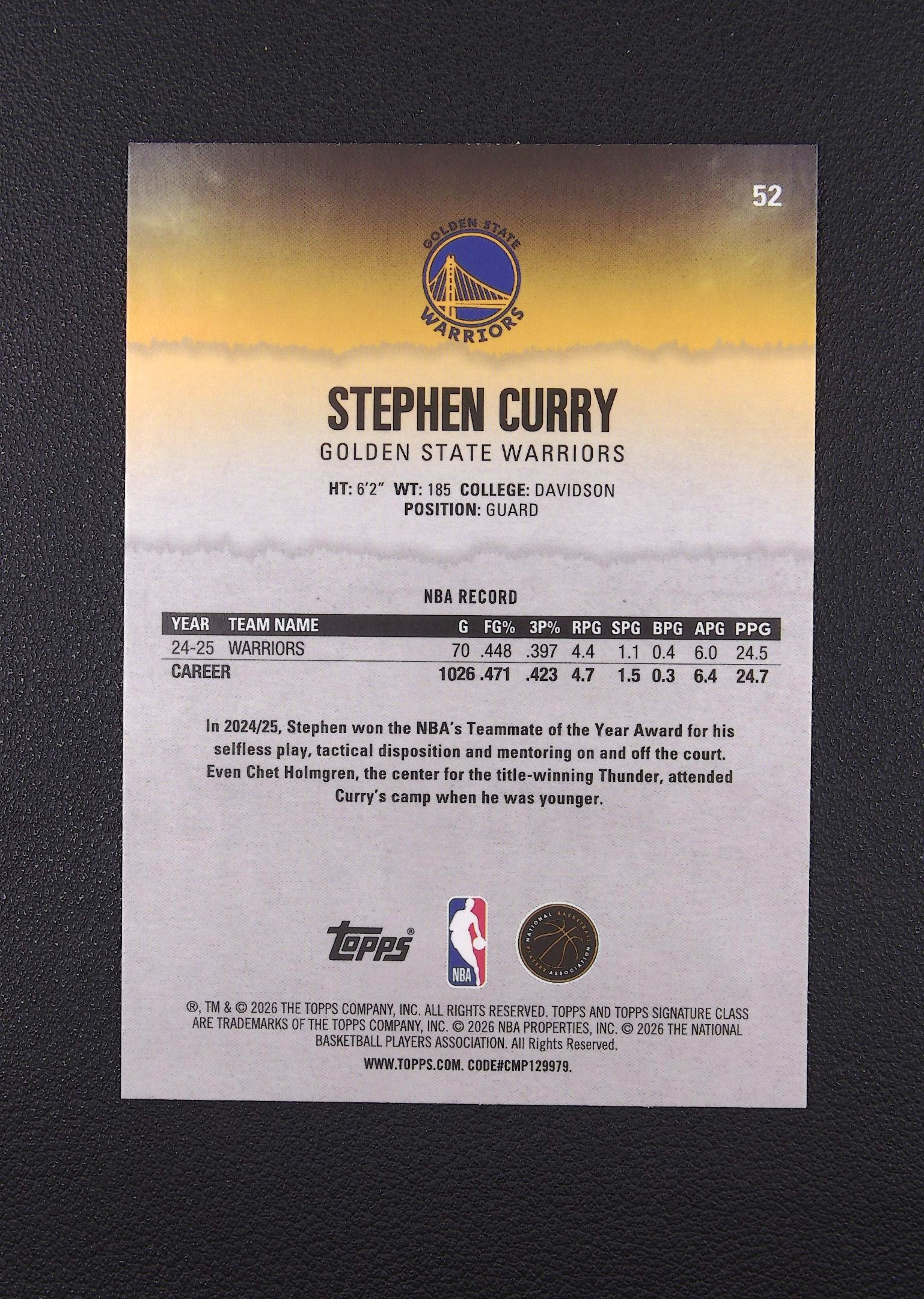 2026 Topps Signature Class Stephen Curry 斯蒂芬 库里 勇士 橙蓝折【Big M 代拍】 LL402