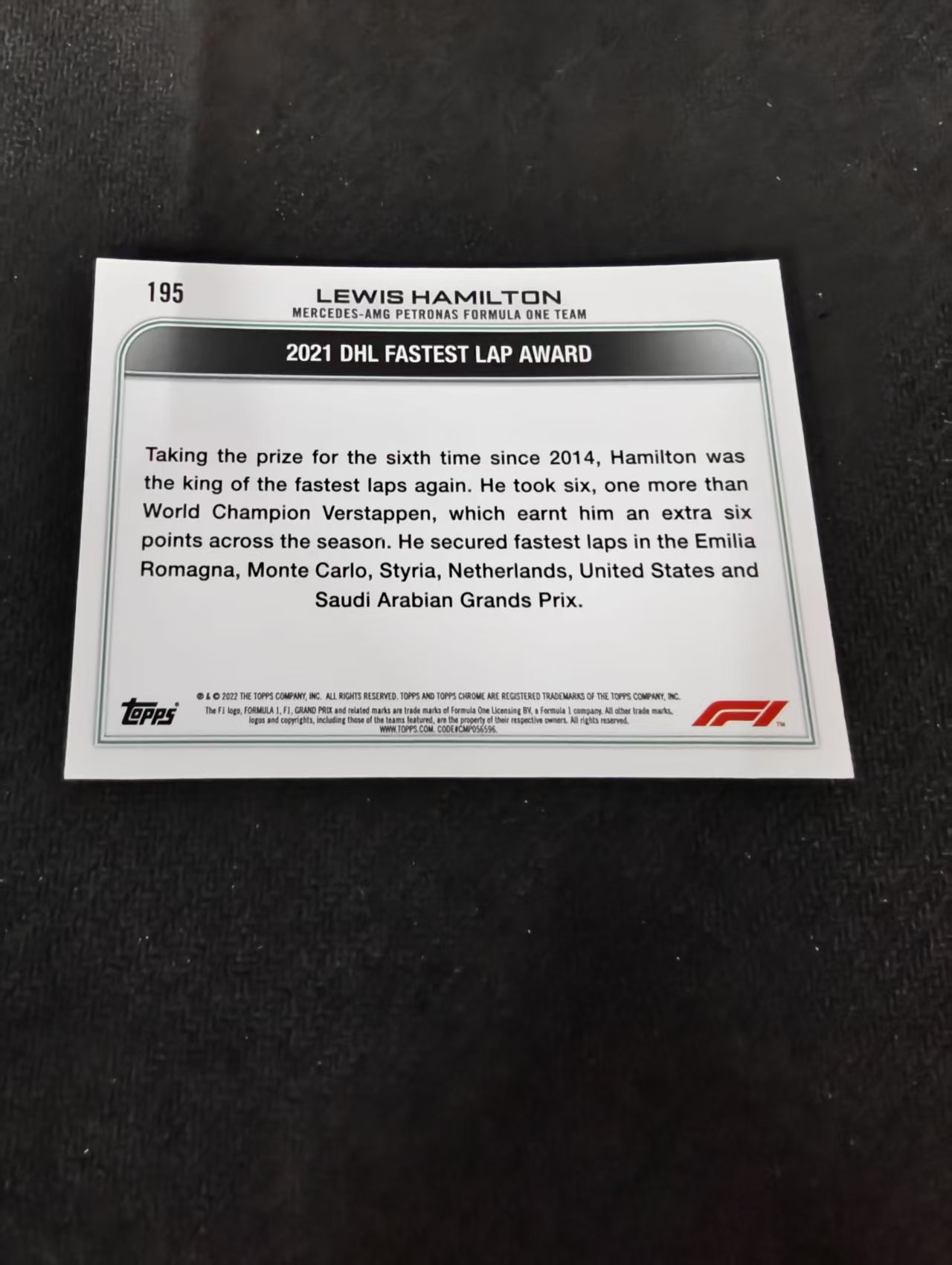 2022 Topps Chrome F1 Lewis Hamilton 刘易斯 汉密尔顿 AMG梅赛德斯奔驰 划痕 边角瑕疵 #195