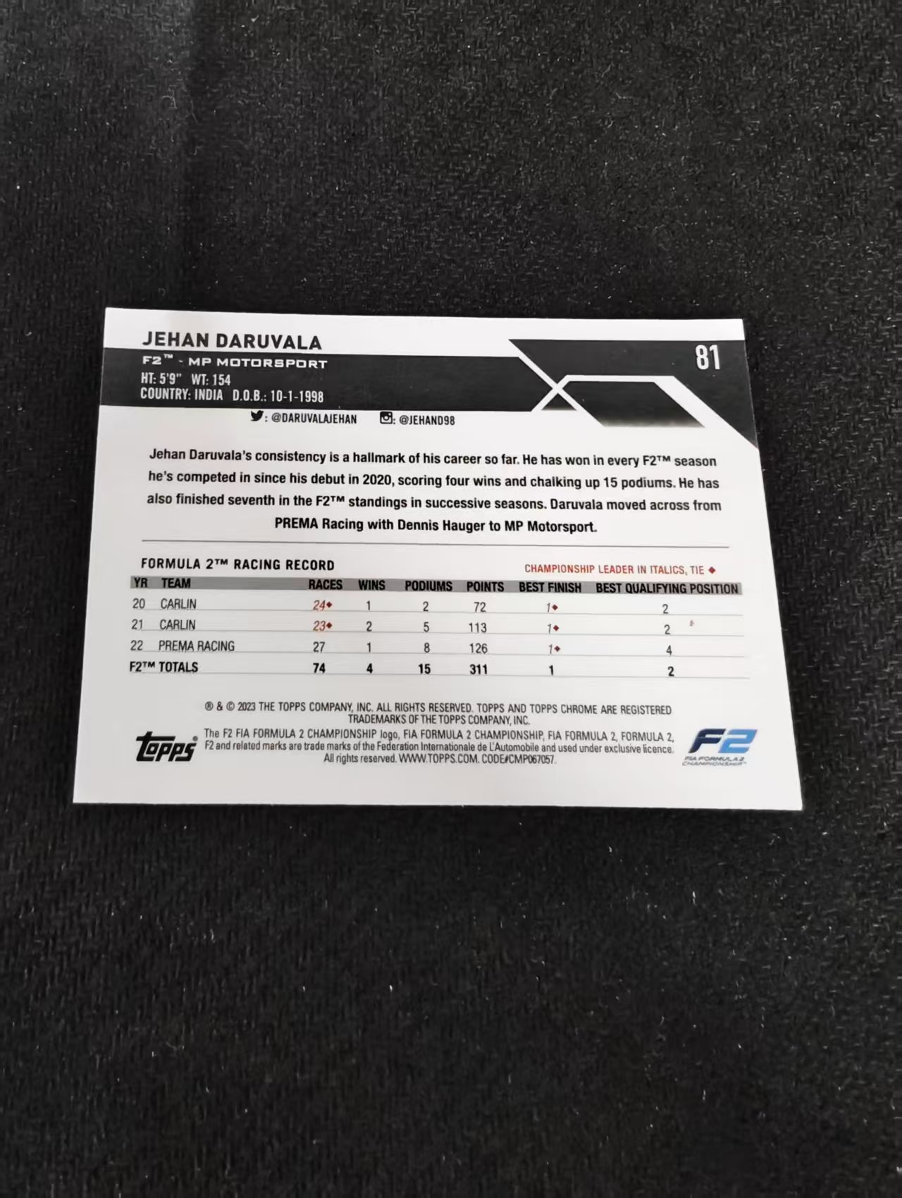 2023 Topps Chrome Jehan Daruvala 杰汉 达鲁瓦拉 F2 F1 划痕 边角瑕疵 #81