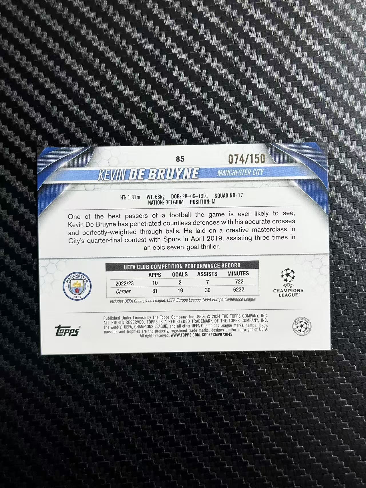 2024 Topps UCC Kevin De Bruyne 凯文 德布劳内 丁丁 曼城 比利时 欧冠 碧玉 074/150编 祥云折 新春折 卡品如图 拍前看描述