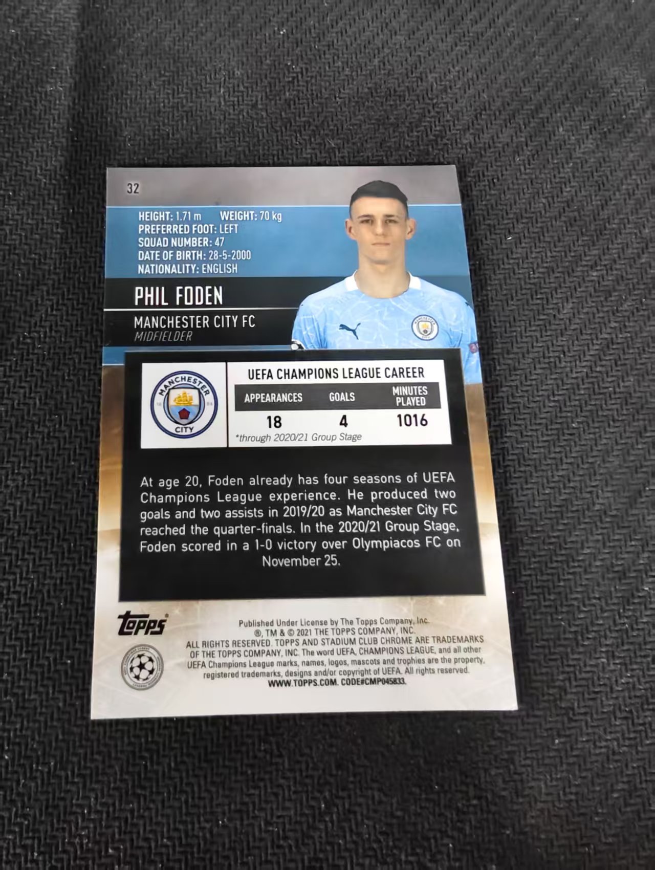 【可合并,不累计】2021 Topps Stadium Club Chrome Phil Foden 菲尔 福登 曼城 竞技场 欧冠 划痕 边角瑕疵 #32