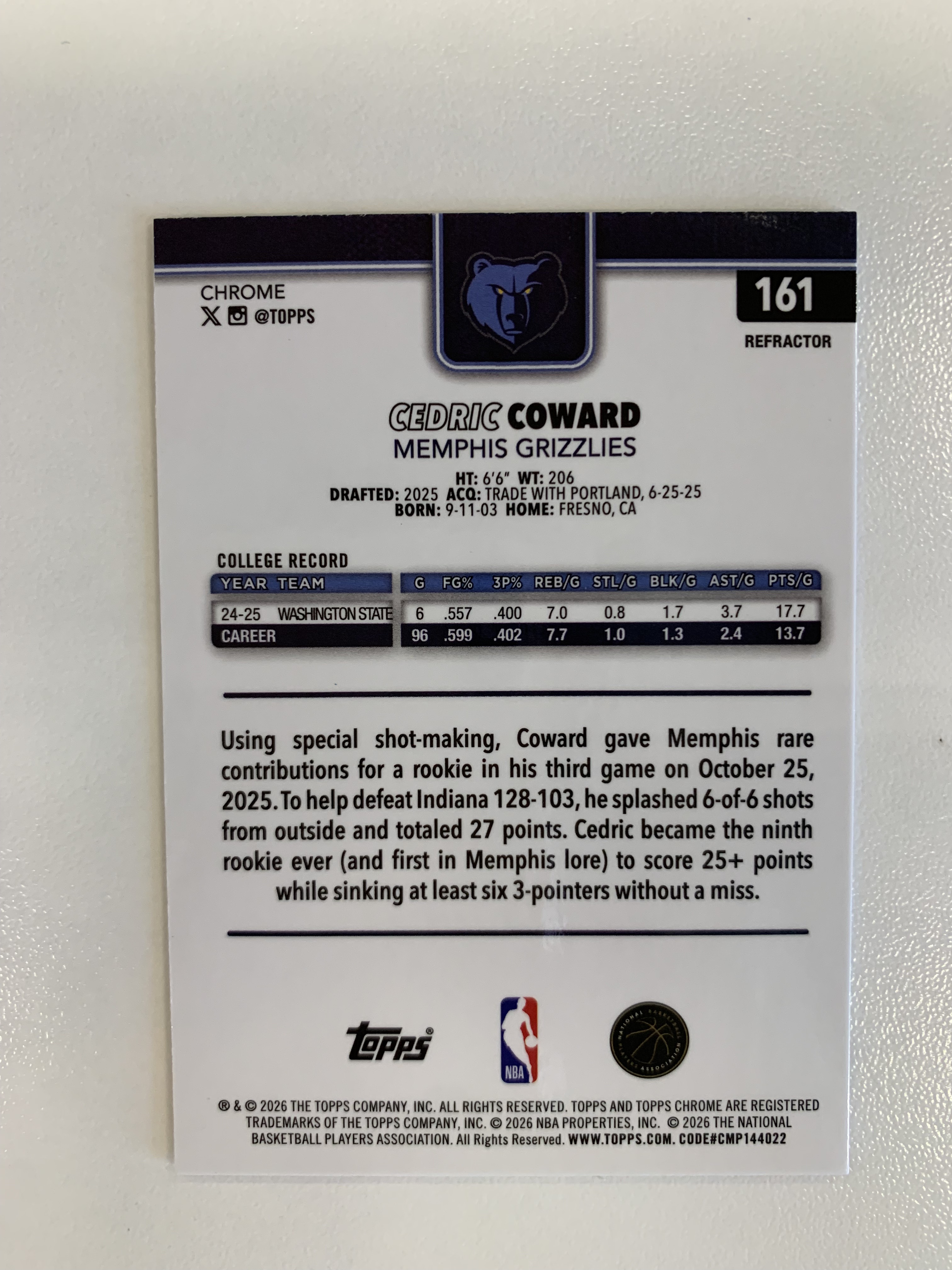 2025‑26 Topps Chrome Update Cedric Coward 新秀RC 塞德里克 考沃德 灰熊 银折 SBX