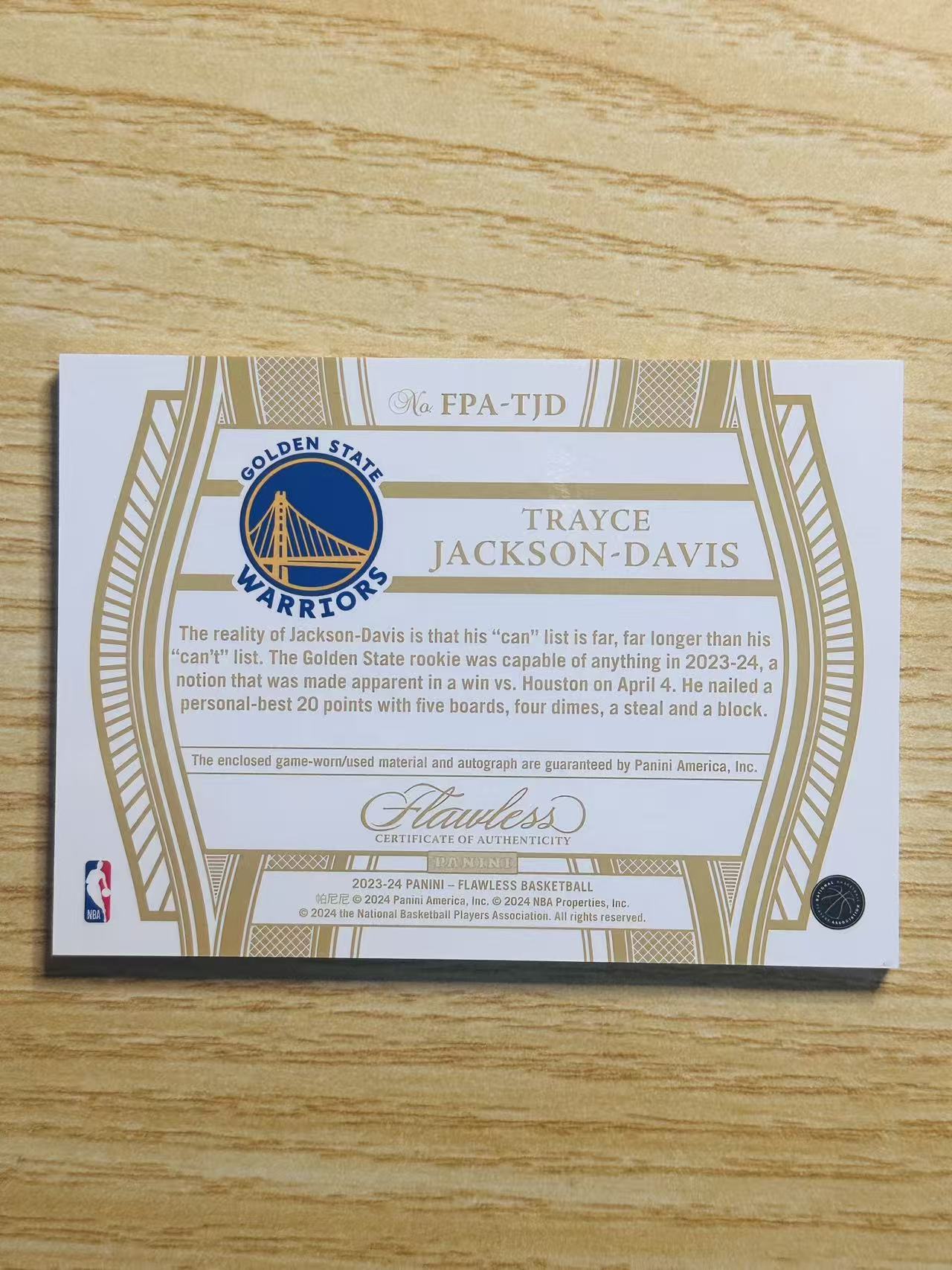 2023-24 Panini Flawless Trayce Jackson Davis 嘿嘿代卖 手提 特雷斯 杰克逊 戴维斯 新秀 RC 签字 卡签 FPA RPA 25编 勇士 收藏必备