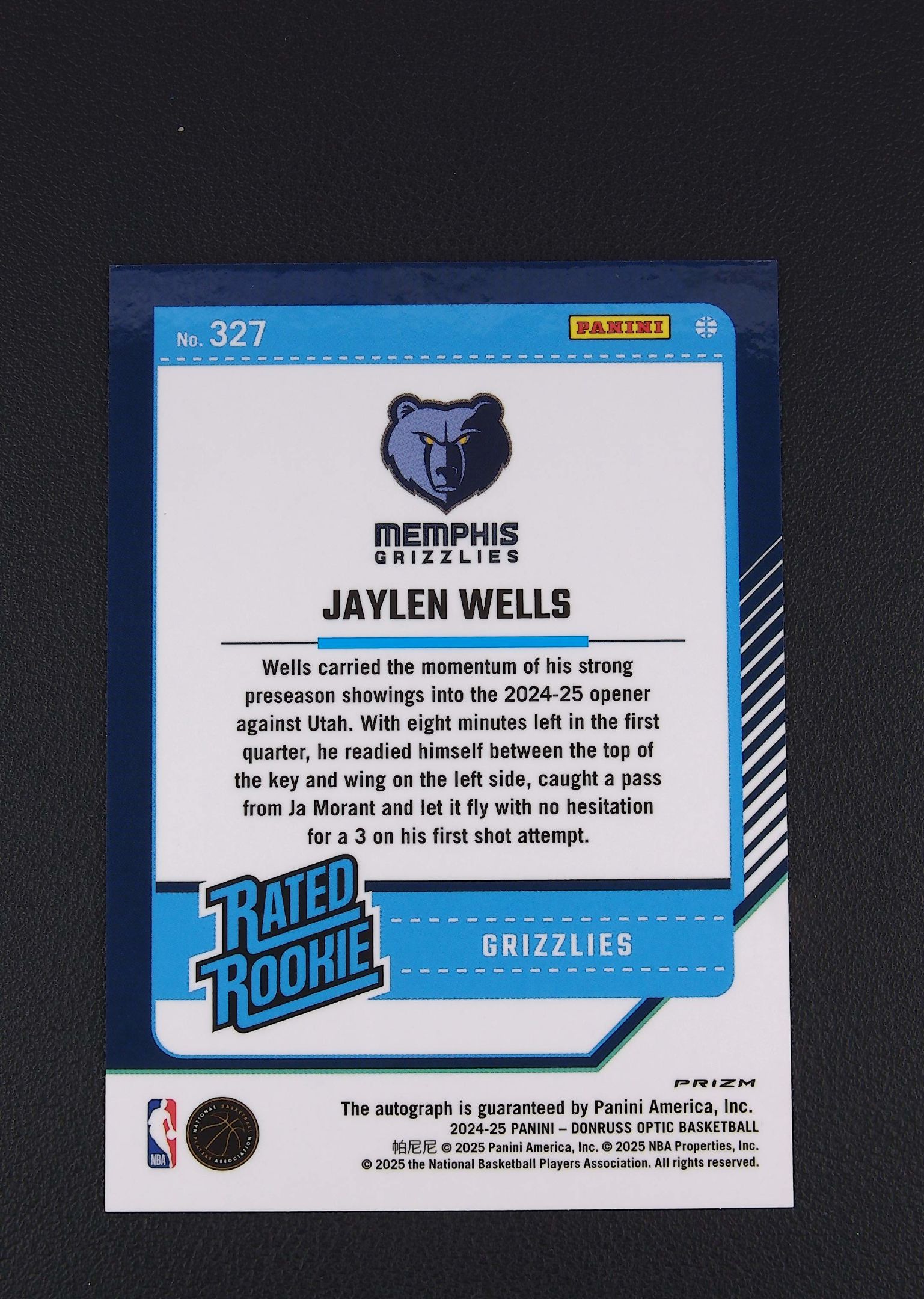 2024-25 Panini Donruss Optic Jaylen Wells RC 【阿福代卖】 韦尔斯 威尔斯 灰熊 新秀 签字 波浪折 杜蕾斯OP 收藏必备 (行行行)