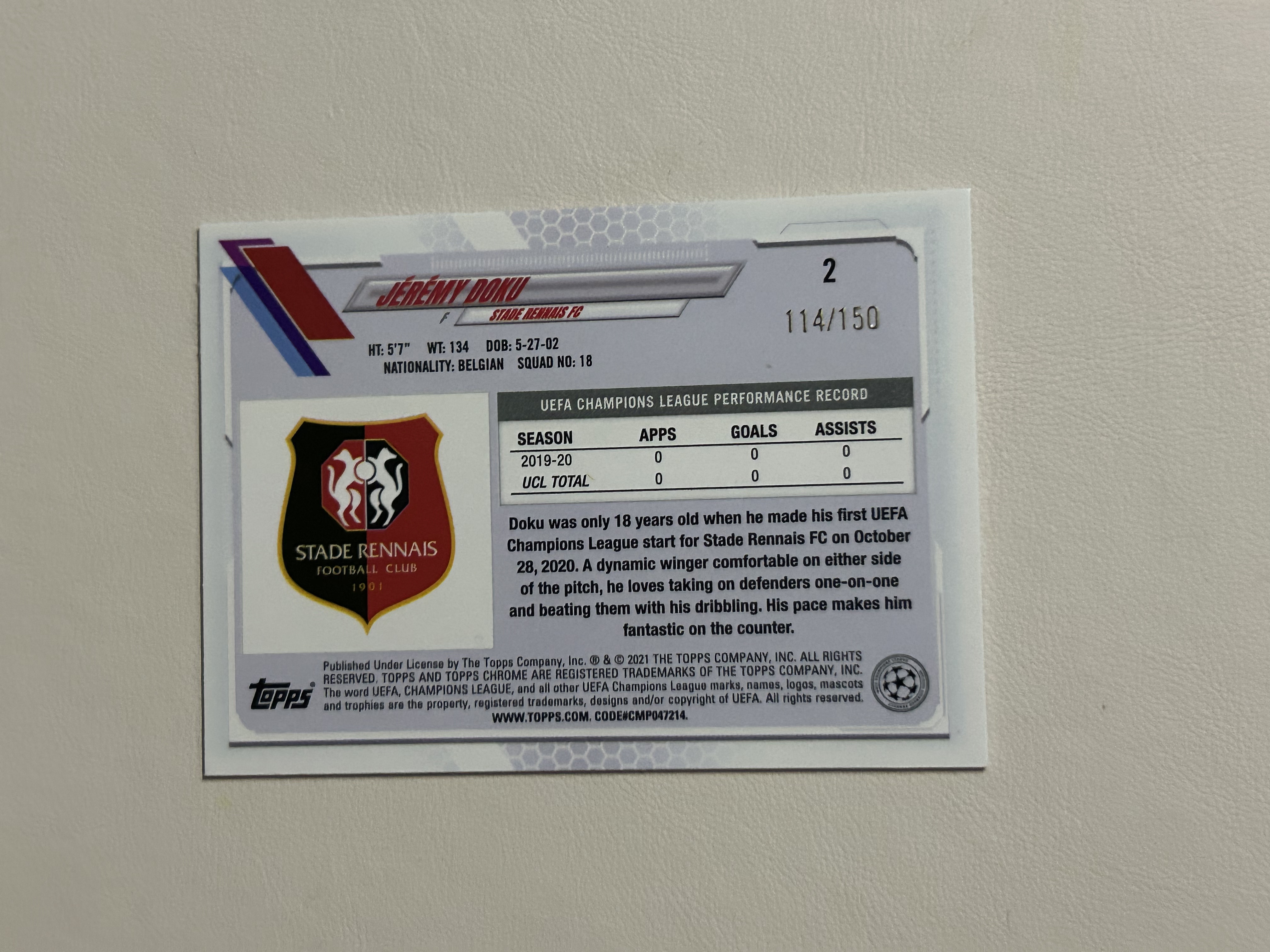 2021 Topps Chrome Jeremy Doku 【西北拍卖】topps欧冠蓝宝石 多库 RC新秀 114/150编青碎冰折 曼城 雷恩 状态火热 稀有新秀年
