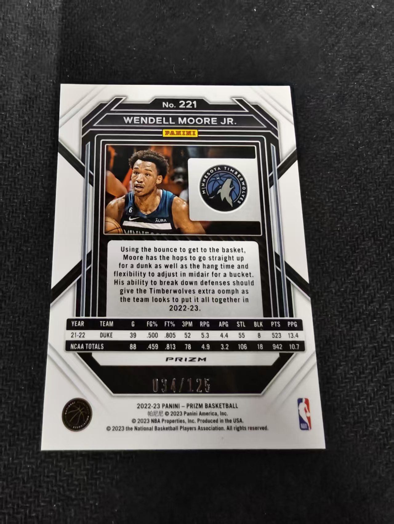 2022-23 Panini Prizm Wendell Moore Jr. RC pz 小温德尔 摩尔 新秀 森林狼 蓝碎冰 125编 划痕 边角瑕疵