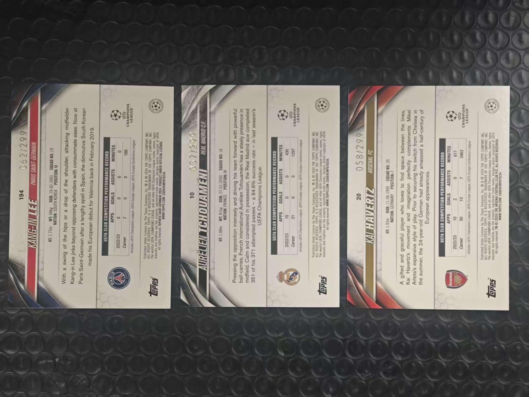 2024 Topps UCC Kai Havertz 欧冠 阿森纳 凯 哈弗茨 皇马 楚阿梅尼 大巴黎 李康仁 /299编 紫折 折射 3张打包LOT 卡品如图【原地起飞卡社】MVP11.11