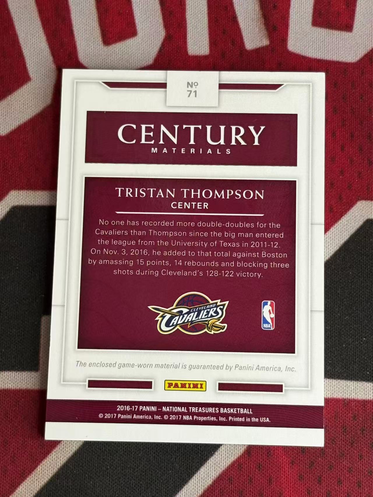 2016-17 PANINI NATIONAL Tristan Thompson 国宝高端系列 骑士名宿 TT 特里斯坦汤普森 99编 GU 亲穿落场球衣物料切割 衣料实物卡【烂臭嘴拍卖】