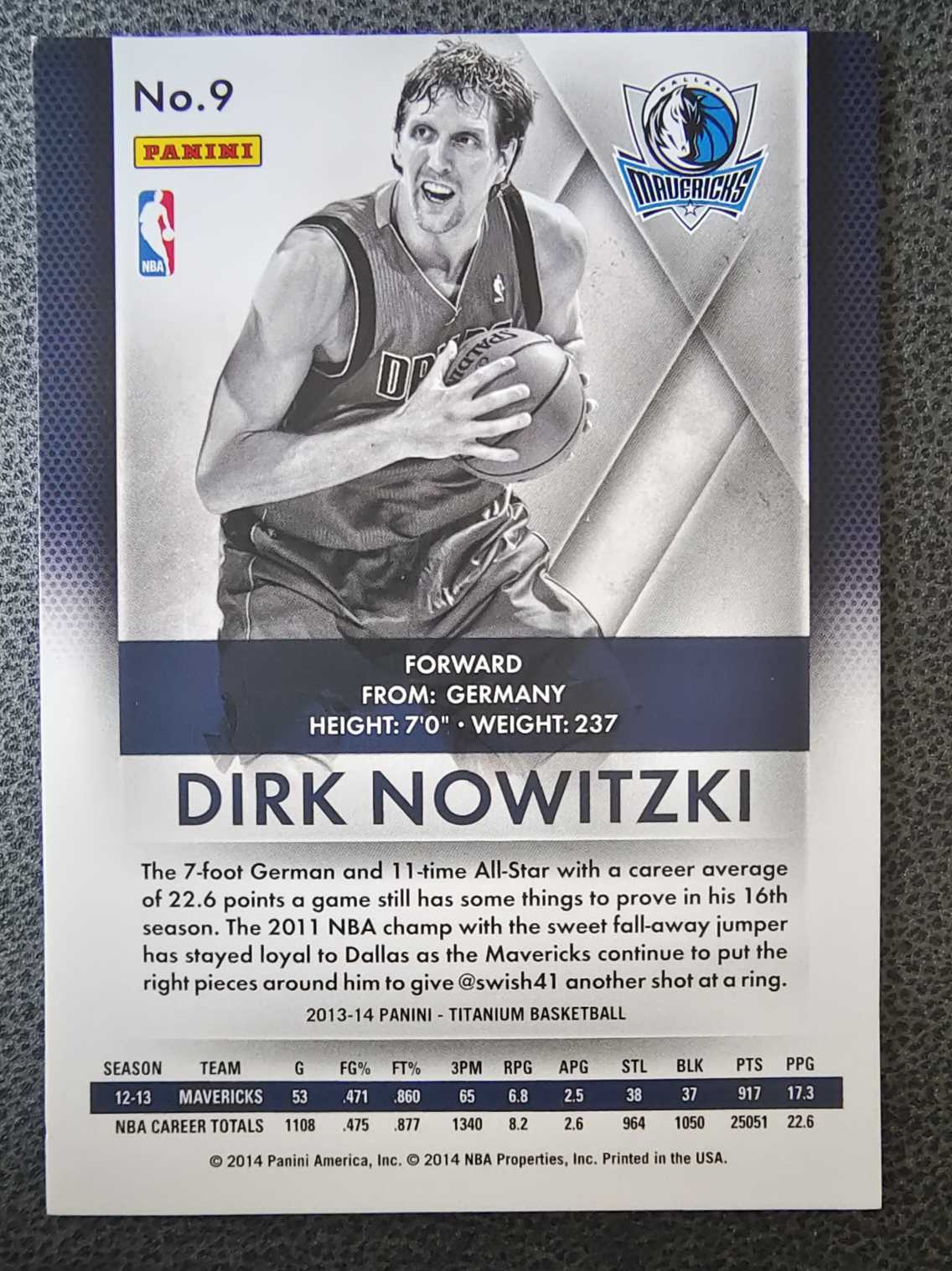 2013-14 Panini Titanium Dirk Nowitzki 达拉斯 小牛队 独行侠队 德克 诺维斯基 司机 诺天王 德国战车 一人一队一城