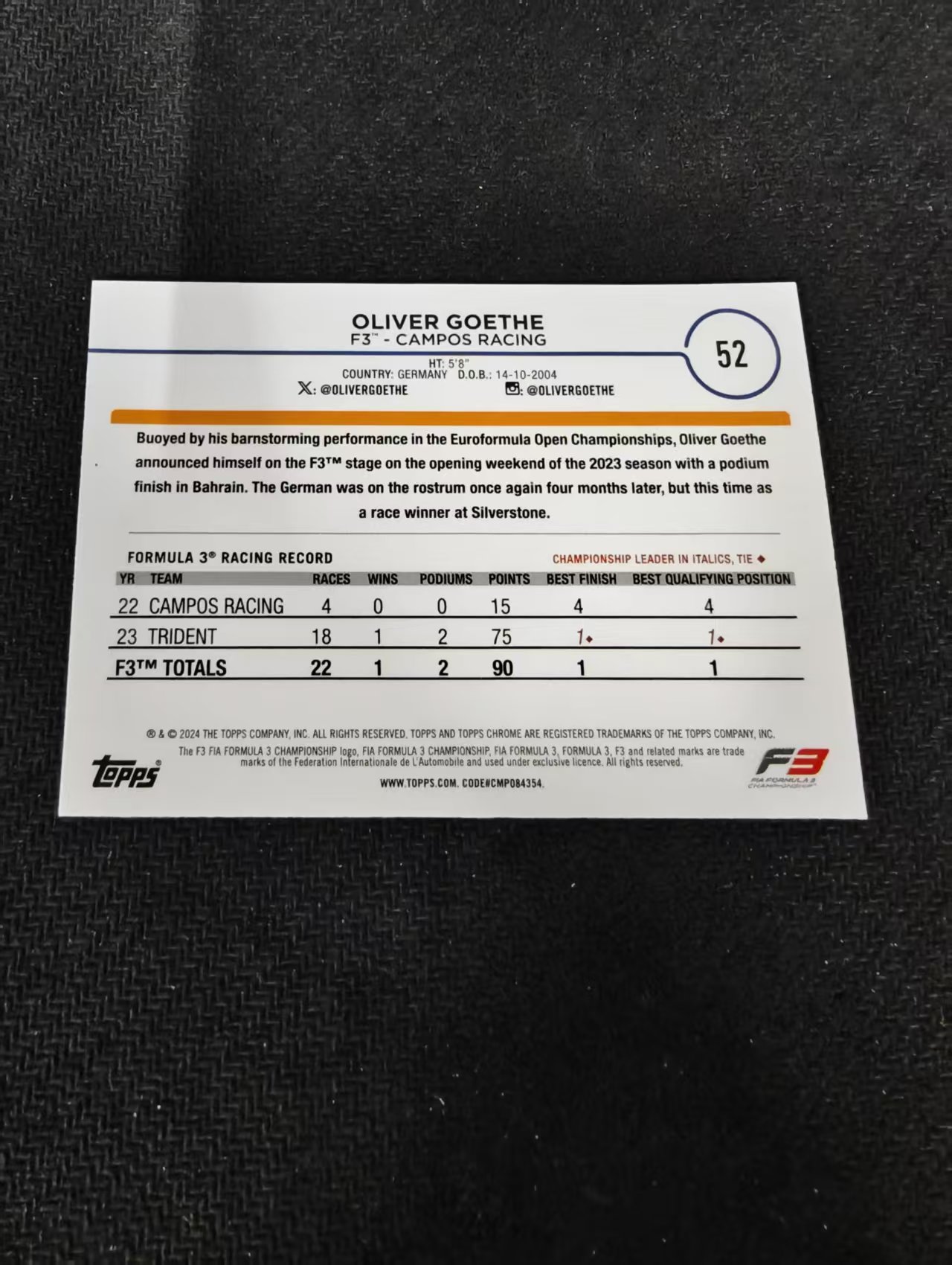 2024 Topps Chrome F1 Oliver Goethe 奥利弗 歌德 红牛 F3 划痕 边角瑕疵 #52