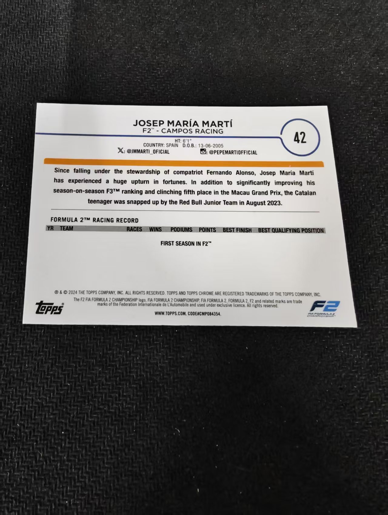 2024 Topps Chrome F1 Josep Maria Marti 玛丽亚 马蒂 F2 划痕 边角瑕疵 #42