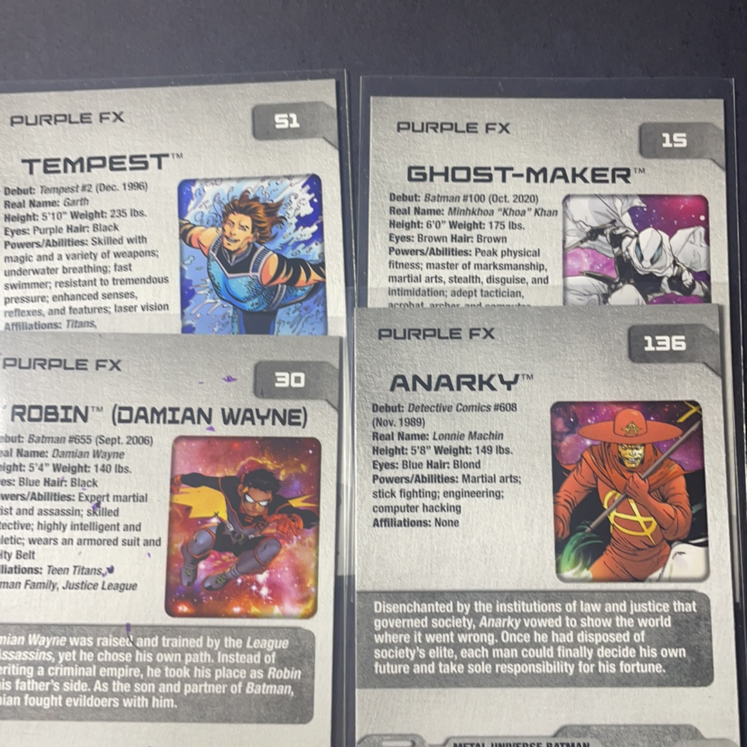 2025 SkyBox DC Universe Metal Batman 罗宾 幽灵制造者 暴风 安纳奇 base紫色平行4张打包序号见图2 2025 Skybox DC Metal元年蝙蝠侠系列